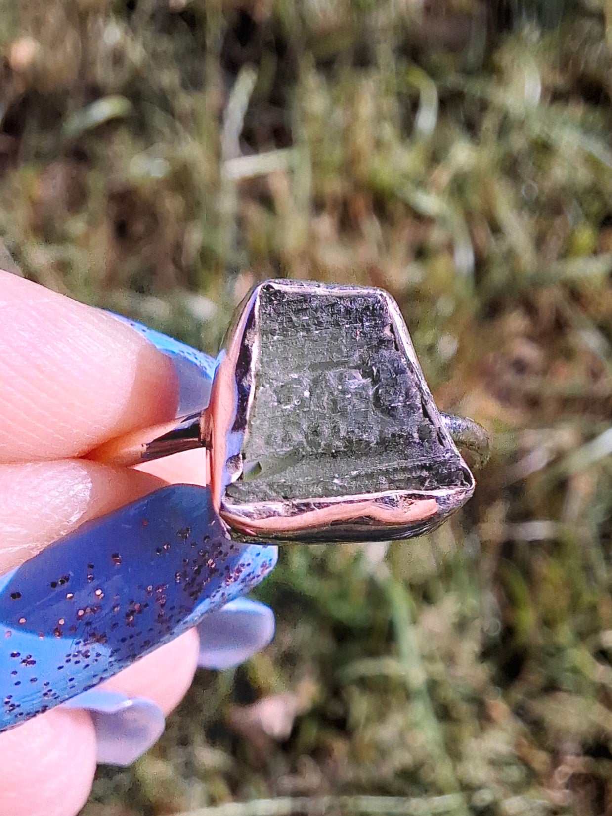 Moldavite Ring, size large P/small Q, 925 Silver, Tektite (Ref: R26)