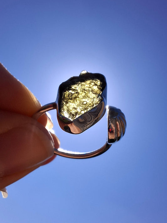 Moldavite ADJUSTABLE Ring, size large O, 925 Silver, Tektite (Ref: AR44)