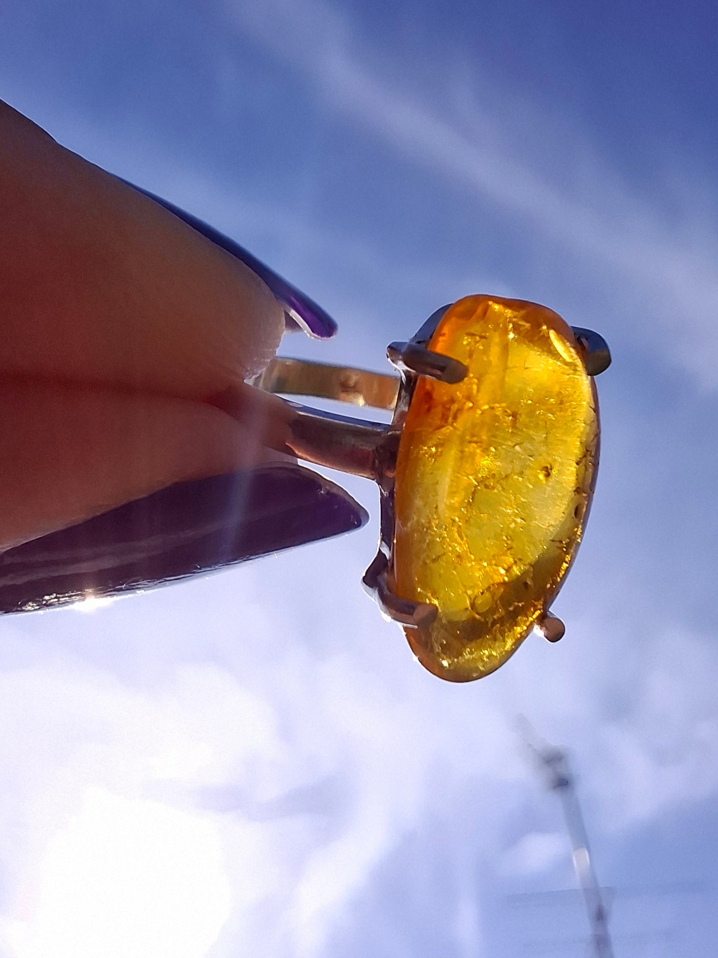 Baltic Amber Ring, size large L, 925 Silver, Fossil (Ref: AR3)