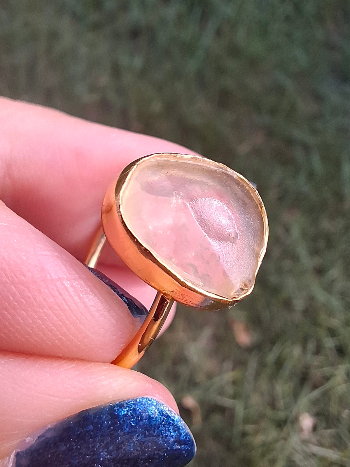 Libyan Desert Glass Ring, 14K GOLD Plated, size large Q, Tektite (Ref: LR80)