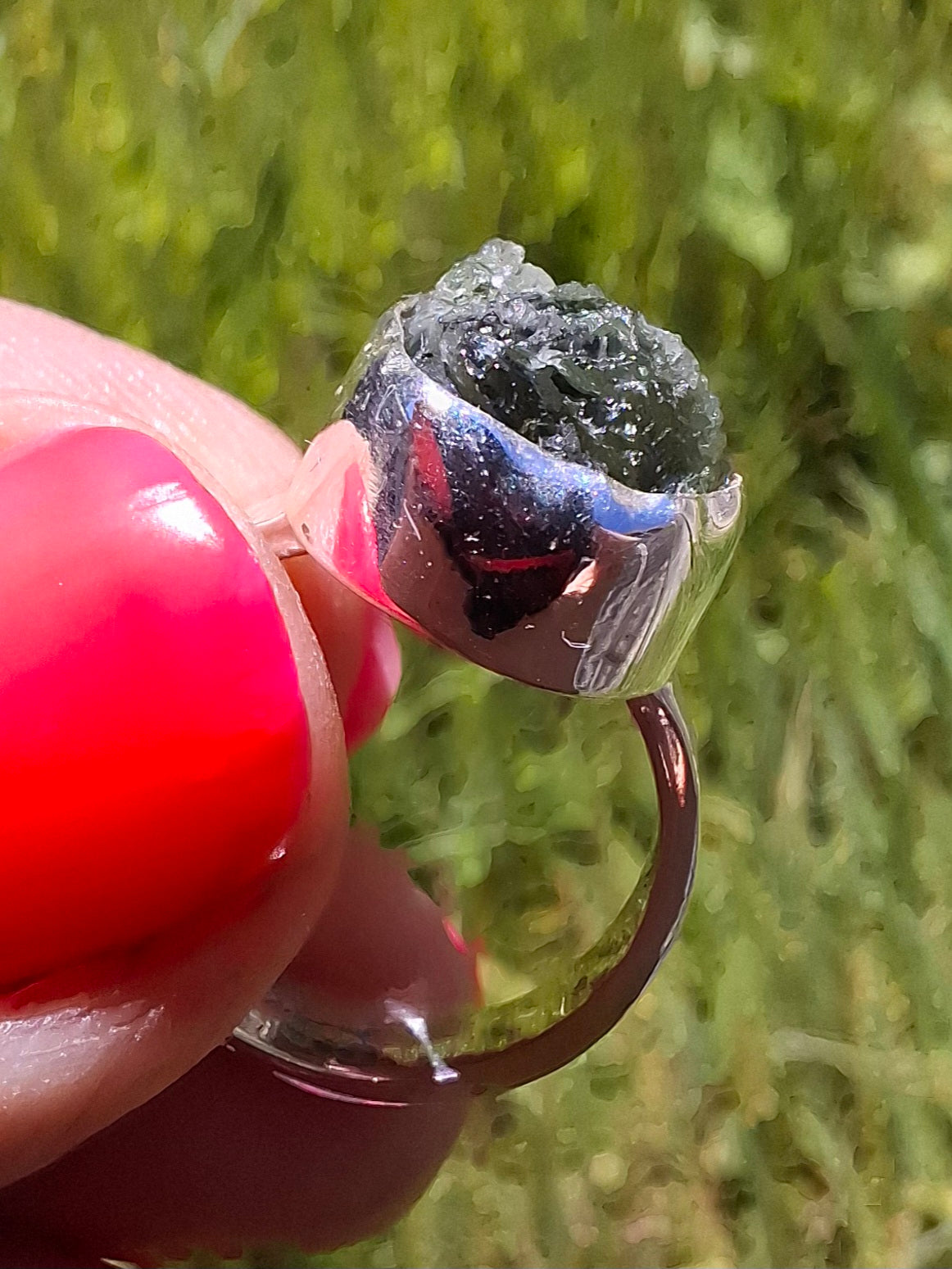 Moldavite Ring, size H, 925 Silver, Tektite (Ref: R294)