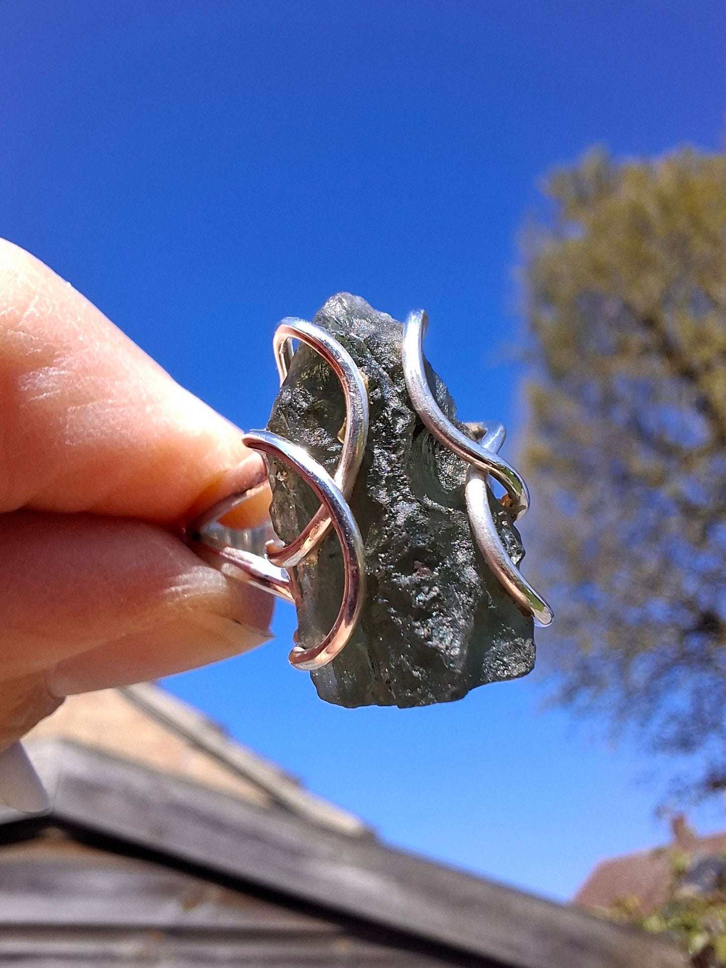 Moldavite Ring, size O, 925 Silver, Tektite (Ref: R8)