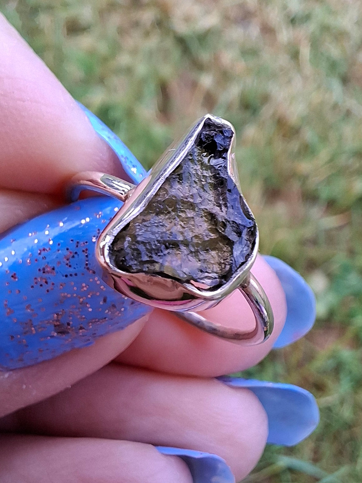 Moldavite Ring, size large M, 925 Silver, Tektite (Ref: R23)