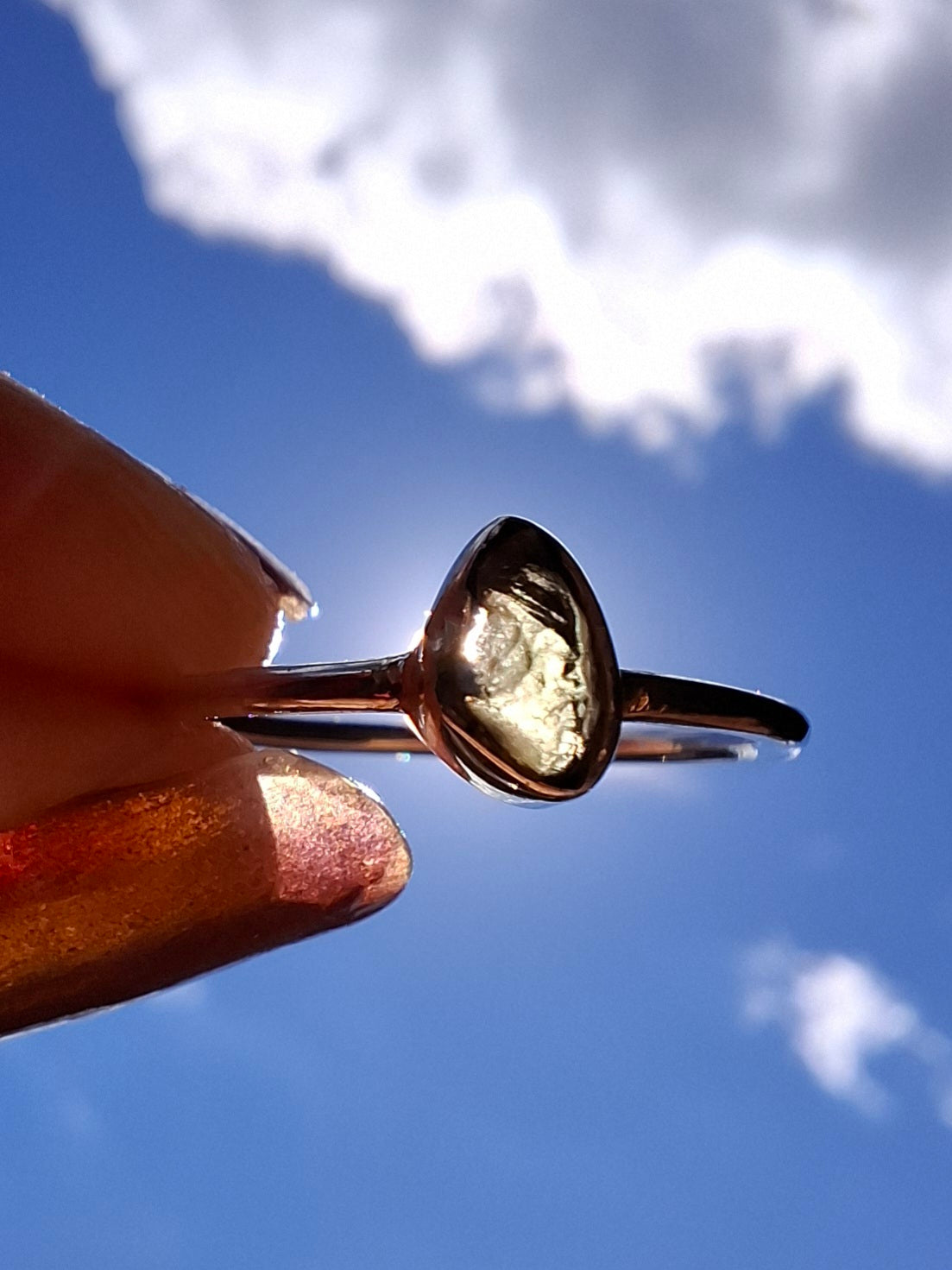 Moldavite Ring, size large M, 925 Silver, Tektite (Ref: R51)