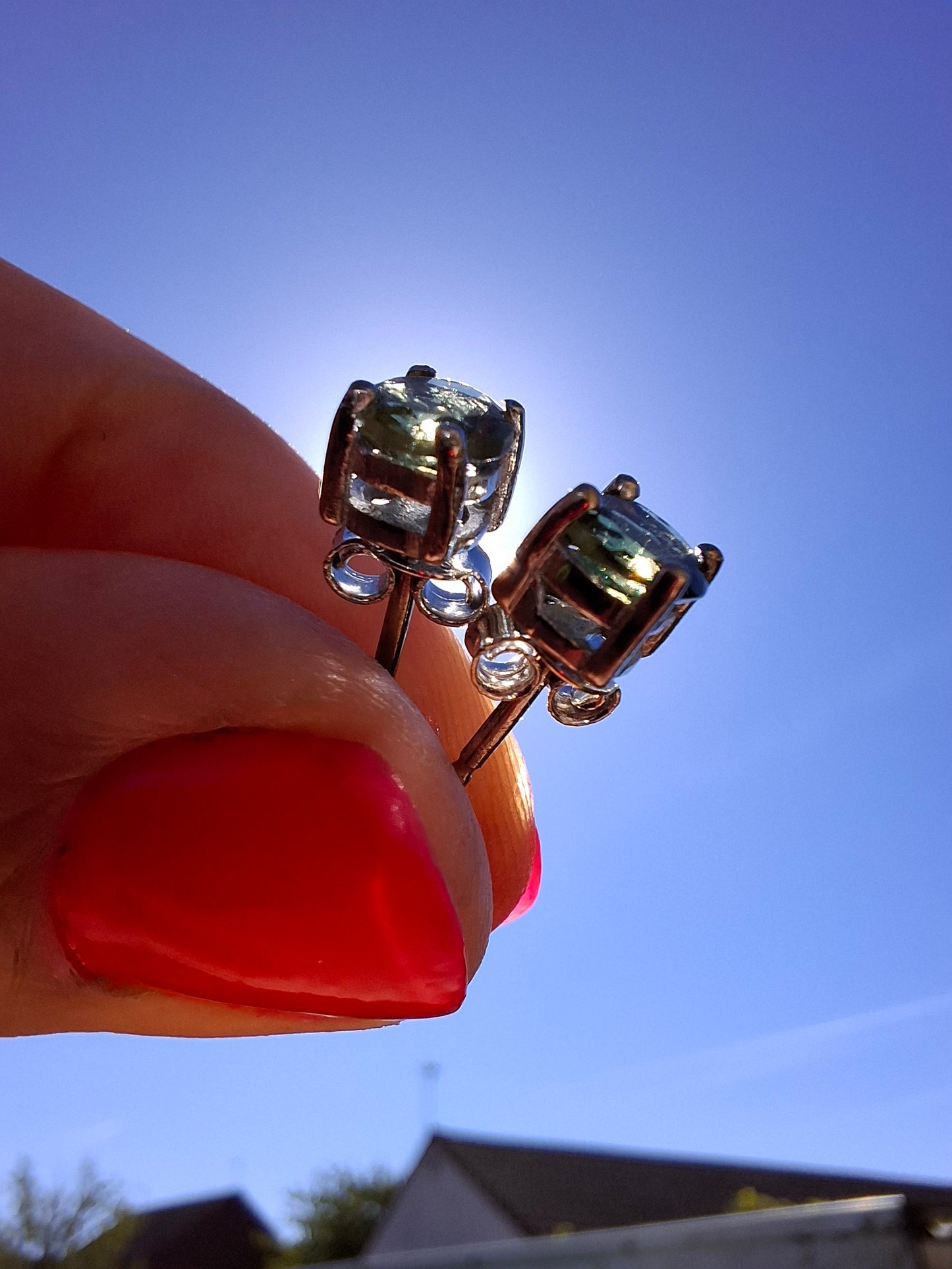 Moldavite (faceted), 5mm STUD EARRINGS, 925 Silver, Tektite (Ref: Pair52)