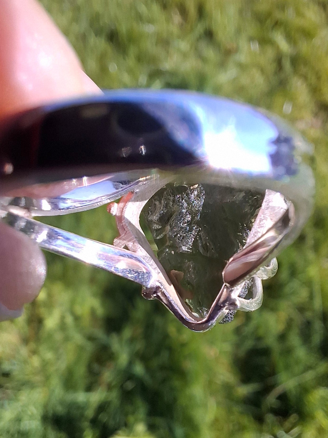 Moldavite Ring, size large L/small M, 925 Silver, Tektite (Ref: R4)
