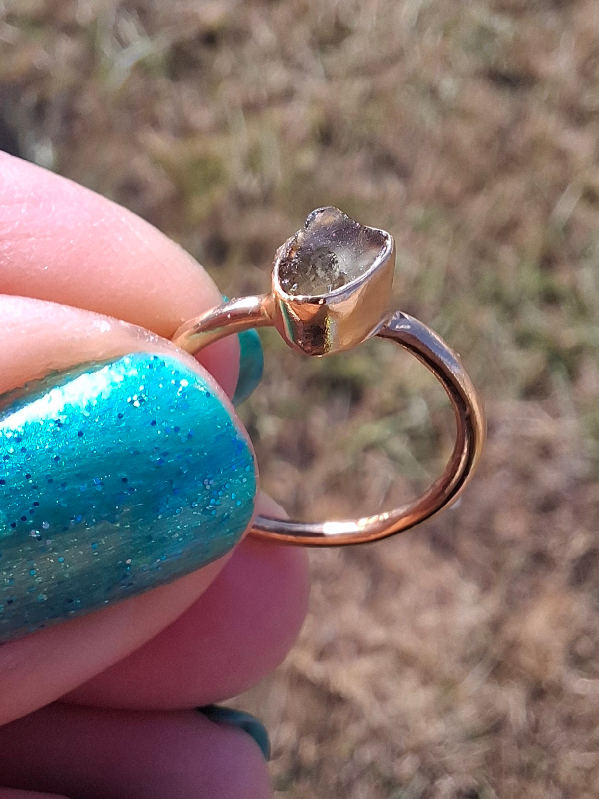 Moldavite Ring, 14K GOLD Plated, size large G / small H, Tektite (Ref: R334)