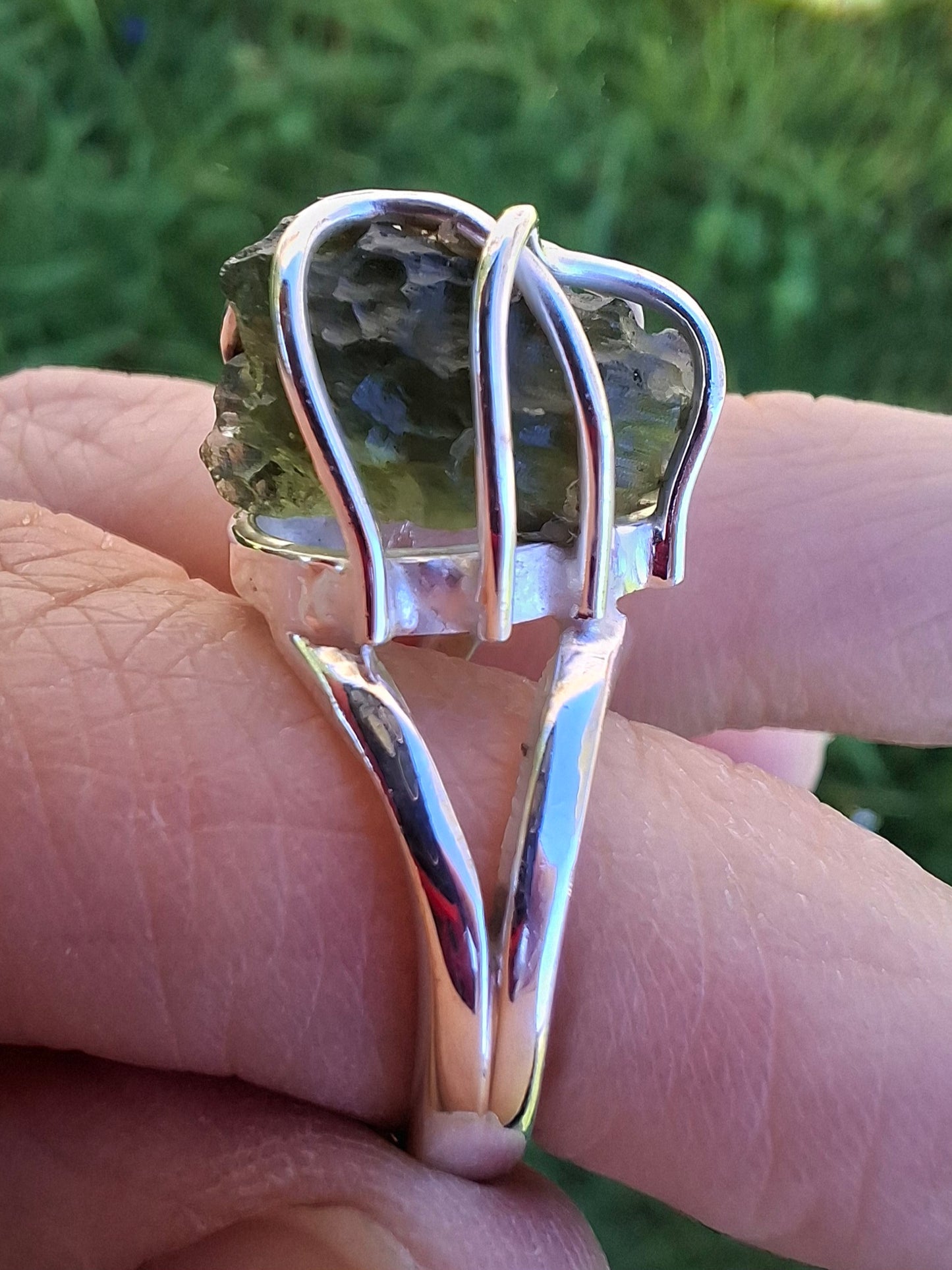 Moldavite Ring, size O, 925 Silver, Tektite (Ref: R7)