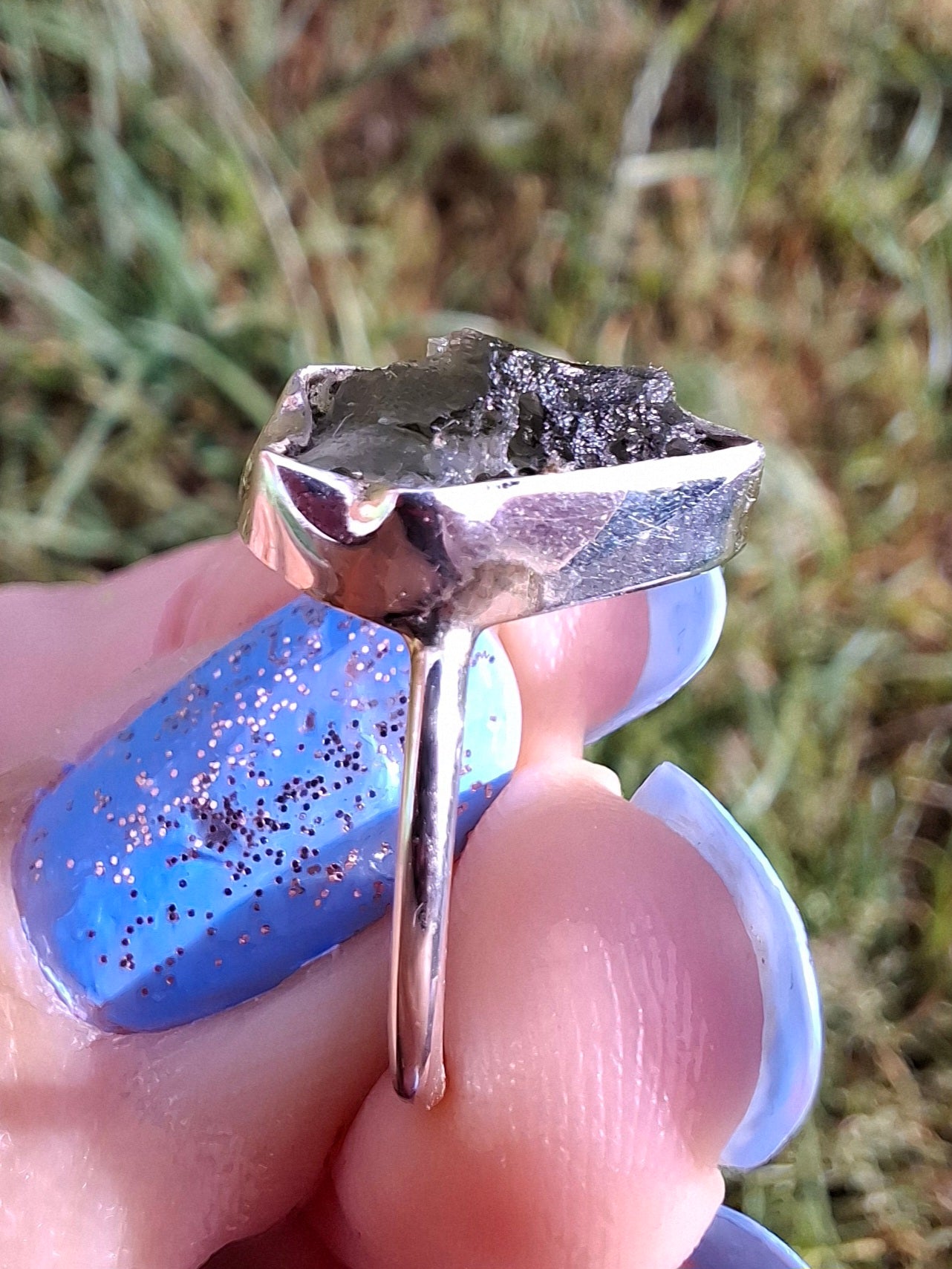 Moldavite Ring, size large G/small H, 925 Silver, Tektite (Ref: R19)