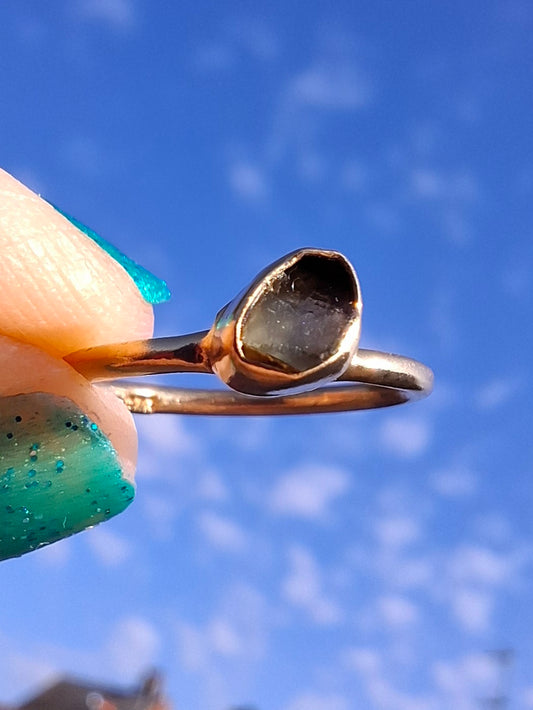 Moldavite Ring, 14K GOLD Plated, size large G / small H, Tektite (Ref: R334)