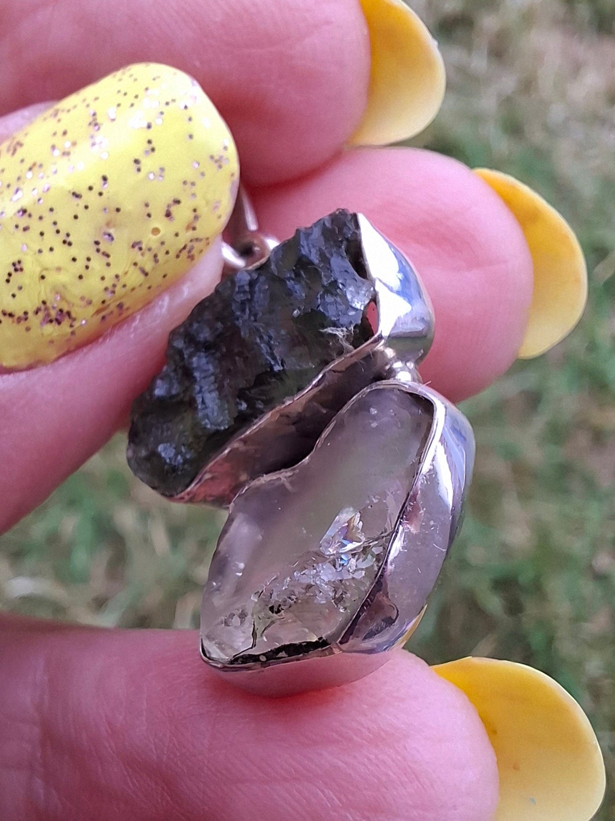 Moldavite & Libyan Desert Glass Pendant, 925 Silver, Tektite (Ref: MLP5)