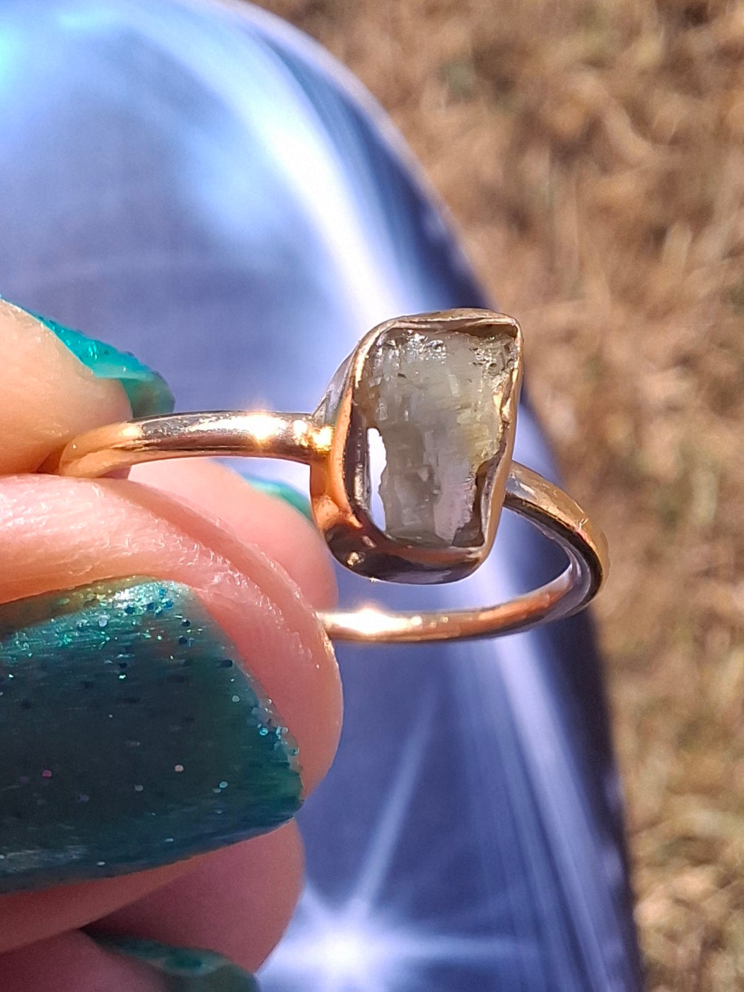 Moldavite Ring, 14K GOLD Plated, size large M, Tektite (Ref: R341)