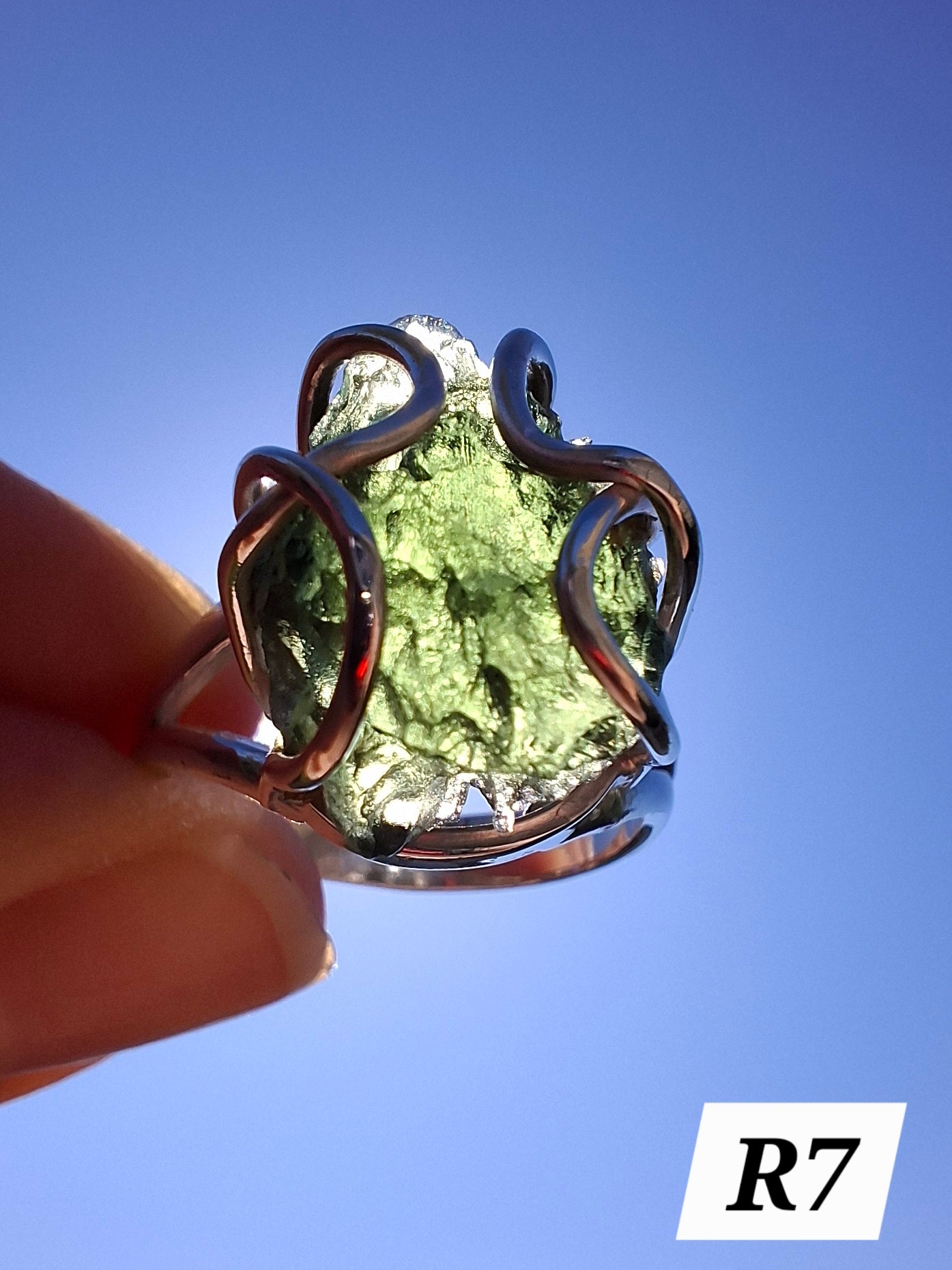 Moldavite Ring, size O, 925 Silver, Tektite (Ref: R7)