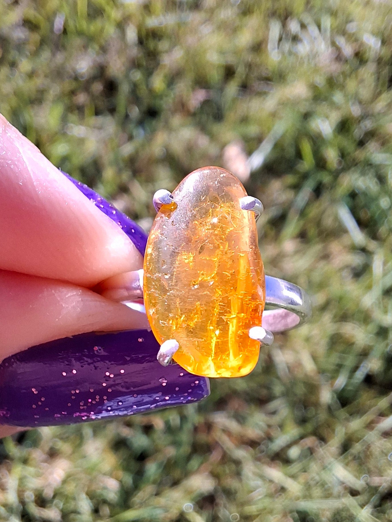 Baltic Amber Ring, size large L, 925 Silver, Fossil (Ref: AR3)
