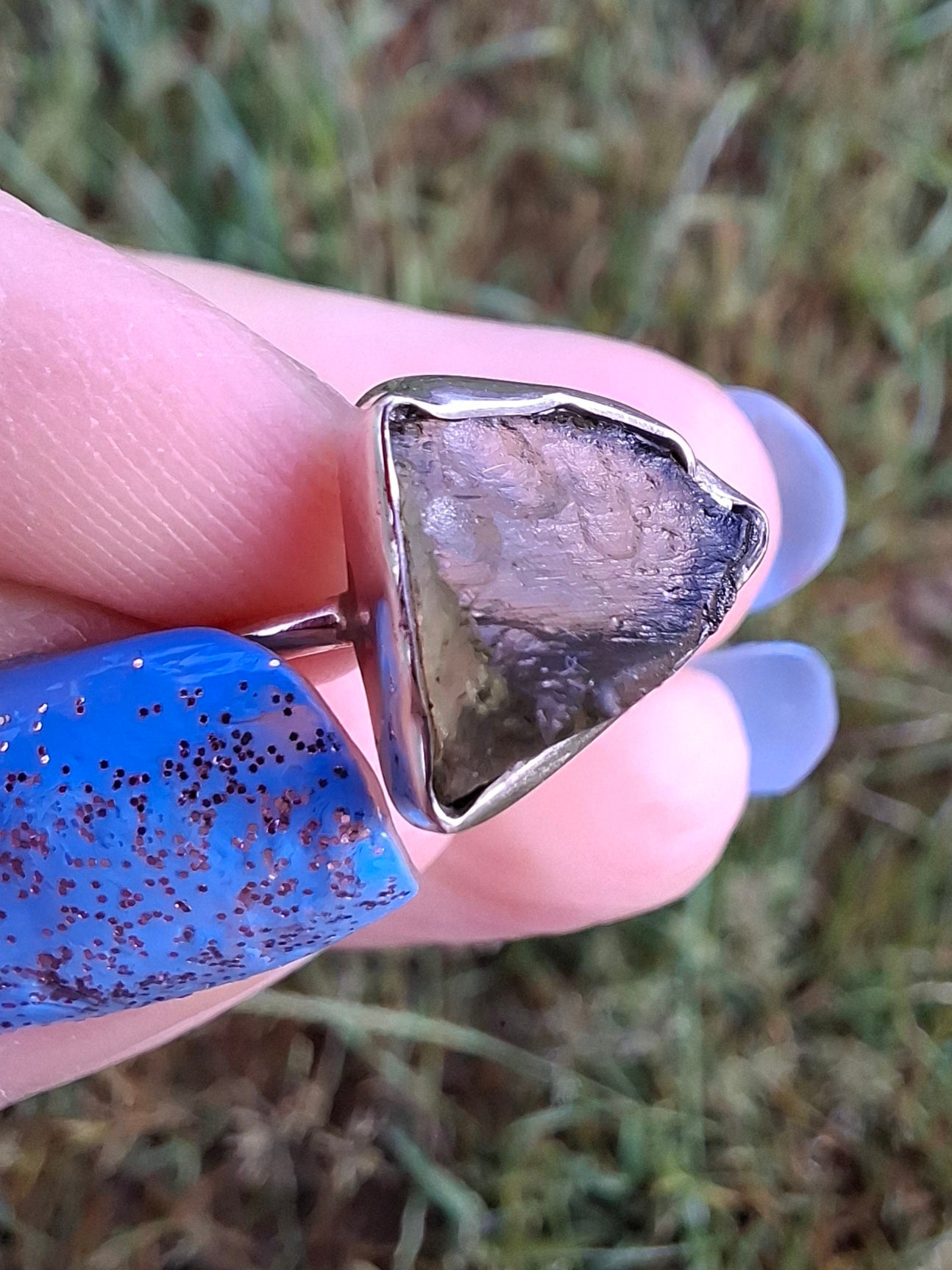 Moldavite Ring, size large J, 925 Silver, Tektite (Ref: R20)