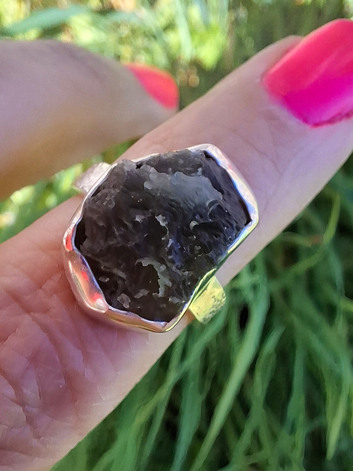 Modavite Ring, size J, 925 Silver, Tektite (Ref: R297)