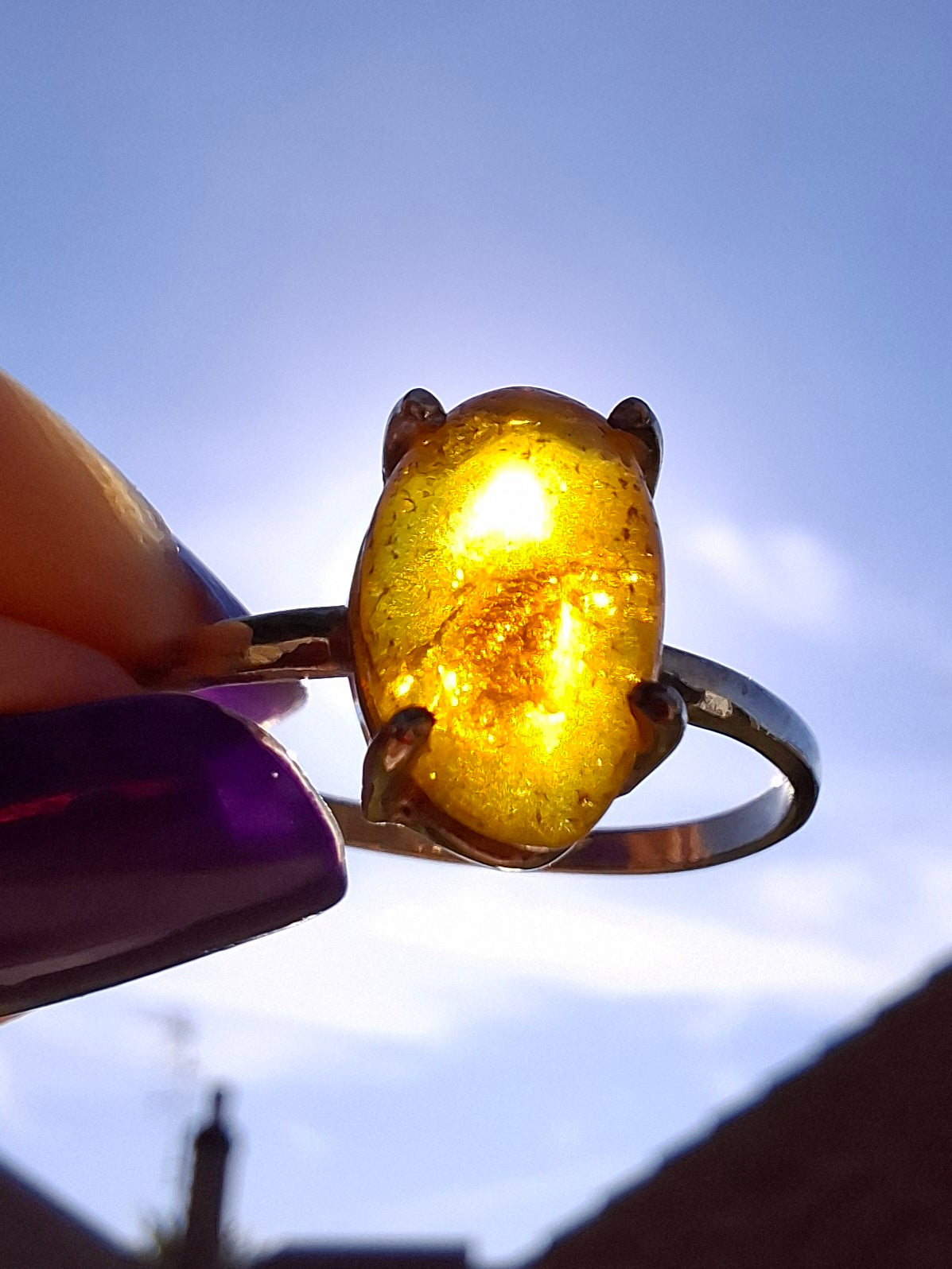 Baltic Amber Ring, size large Y, 925 Silver, Fossil (Ref: AR38)
