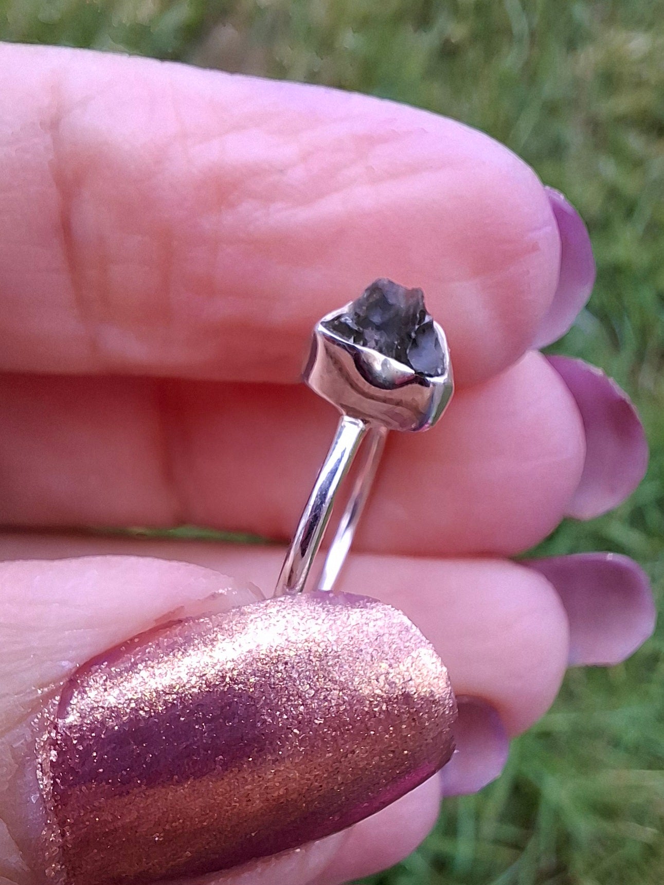 Moldavite Ring, Size small L, 925 Silver, Tektite (Ref: R34)