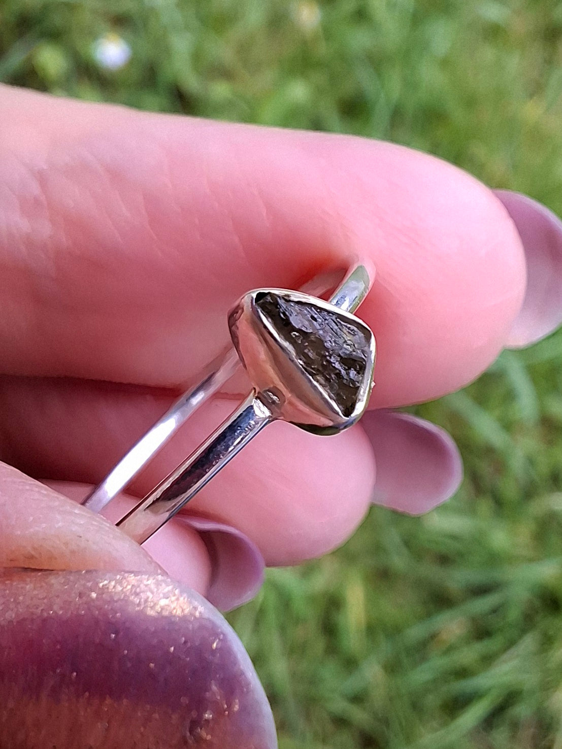 Moldavite Ring, size small T, 925 silver, Tektite (Ref: 56)