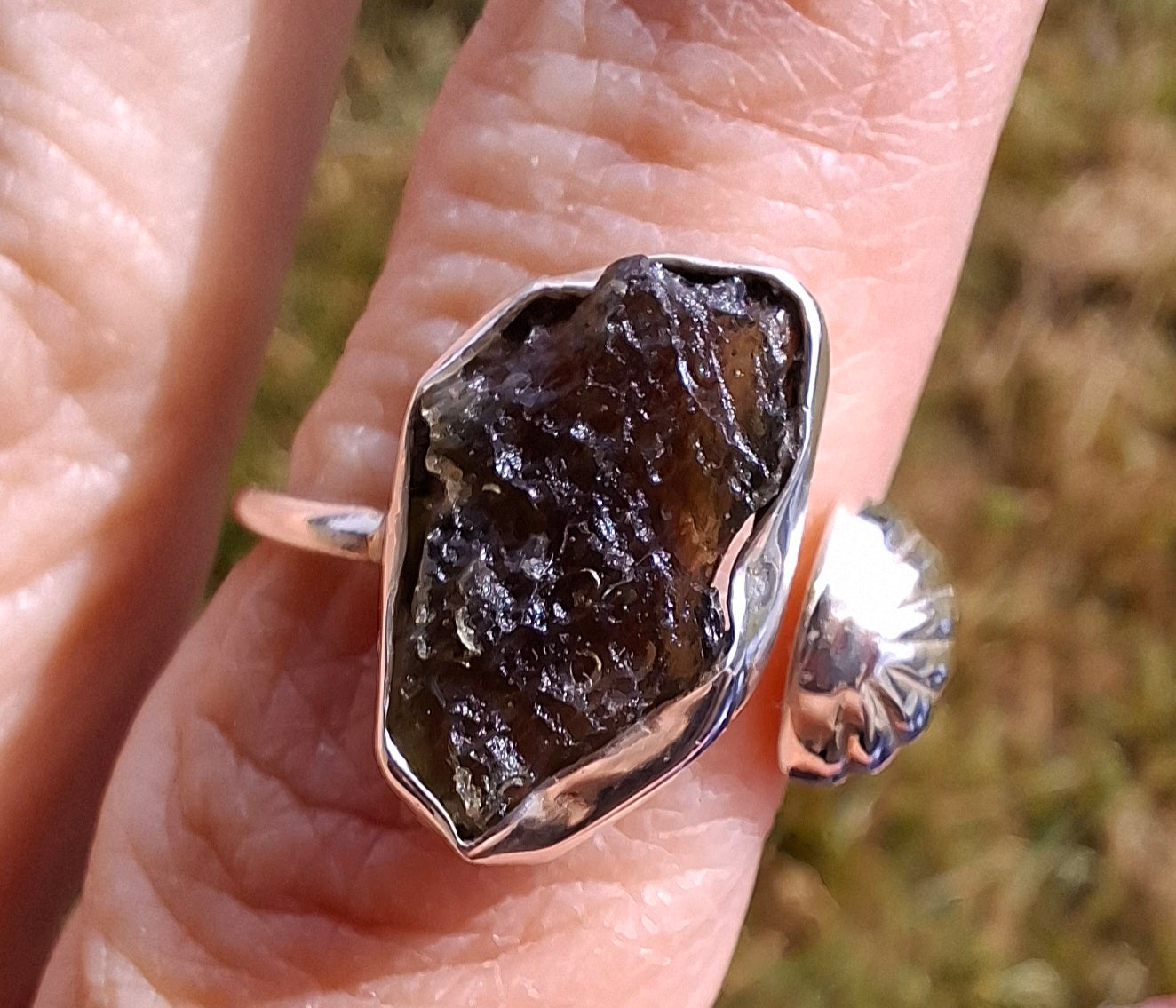 Moldavite ADJUSTABLE Ring, size large O, 925 Silver, Tektite (Ref: AR44)