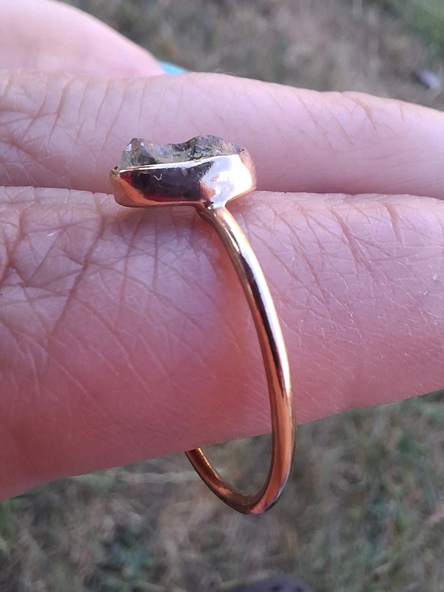 Moldavite Ring, 14K GOLD Plated, size large T, Tektite (Ref: R347)