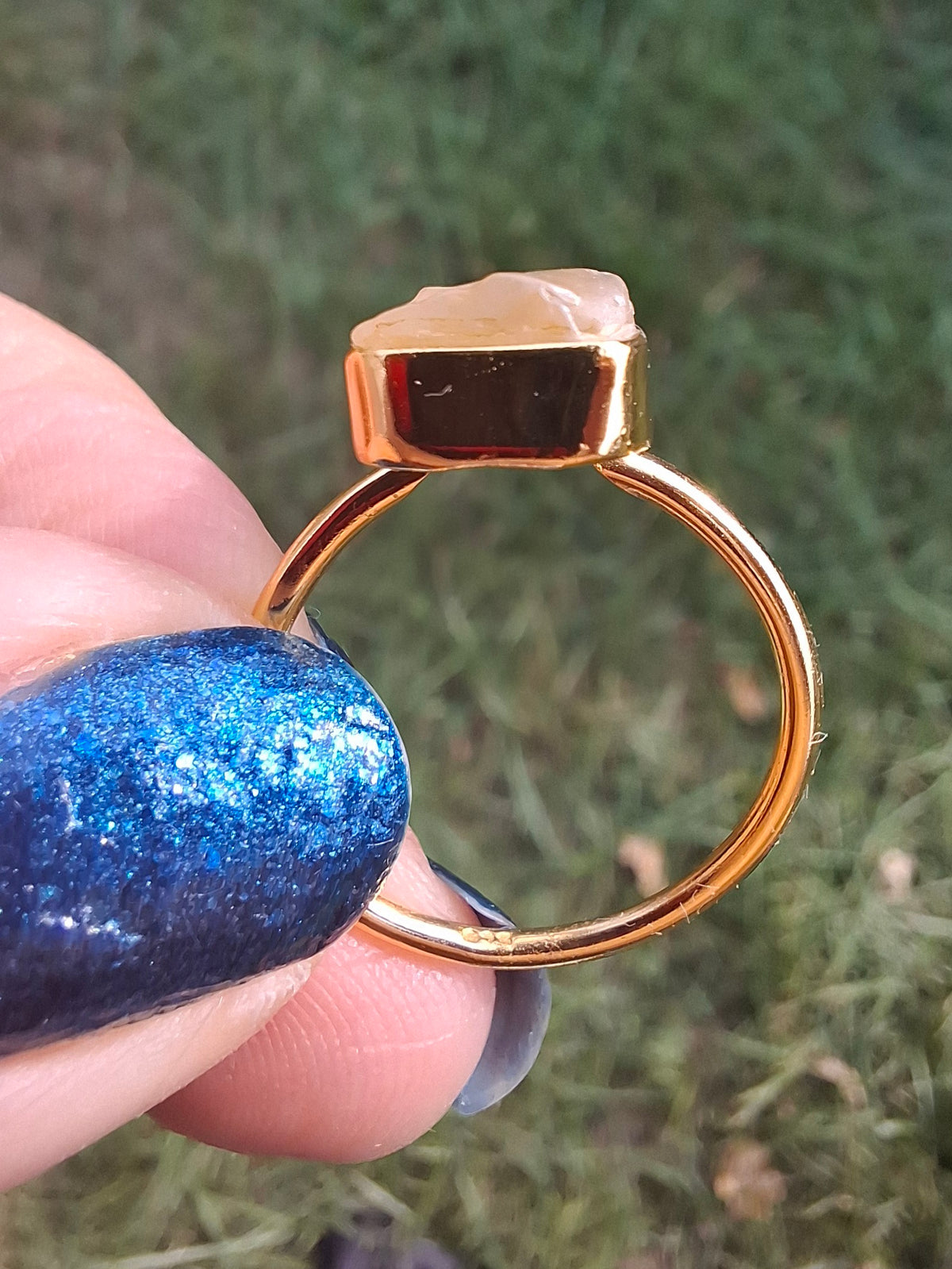 Libyan Desert Glass Ring, 14K GOLD Plated, size O, Tektite (Ref: LR65)