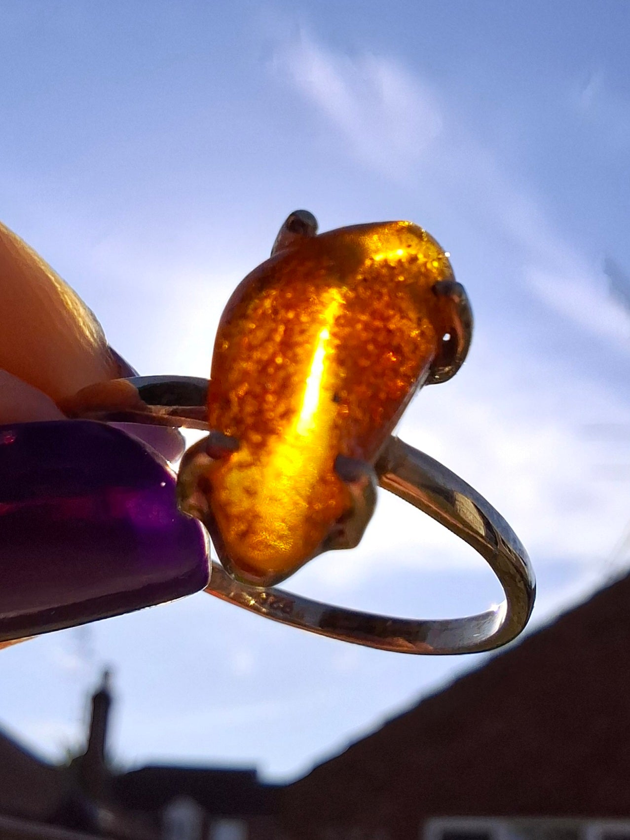 Baltic Amber Ring, size large V, 925 Silver, Fossil (Ref: AR26)
