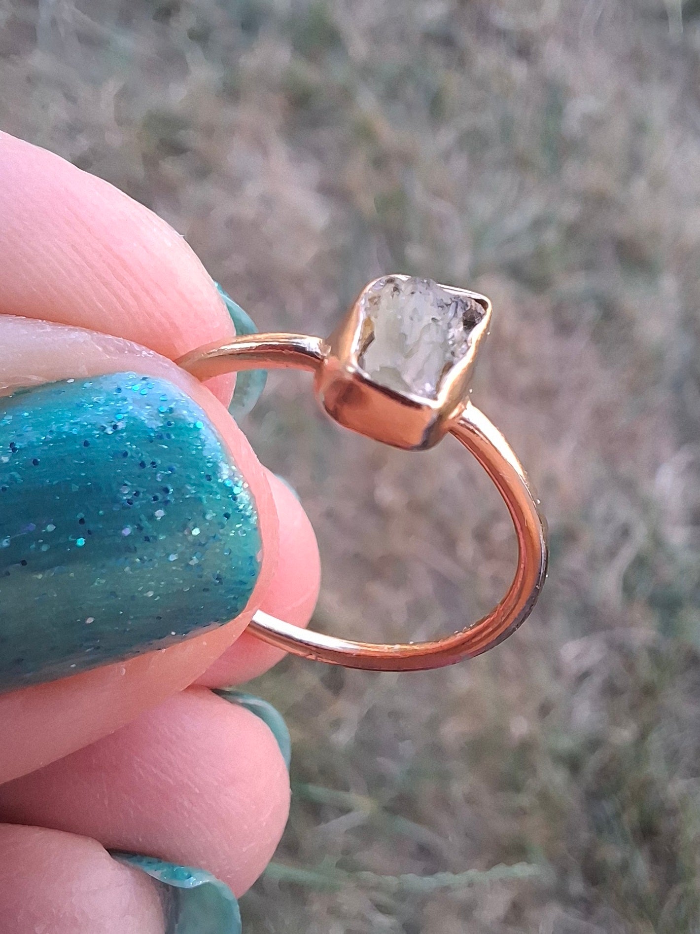 Moldavite Ring, 14K GOLD Plated, size large M, Tektite (Ref: R341)