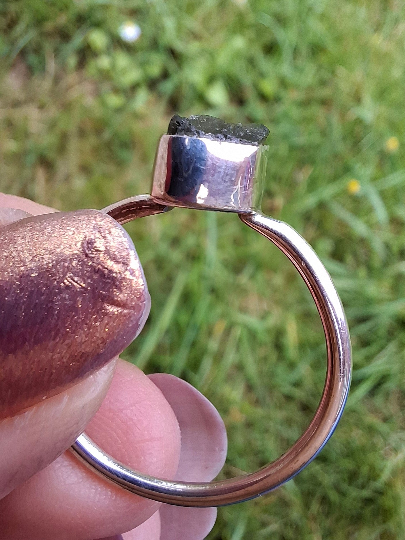 Moldavite Ring, size small W, 925 Silver, Tektite (Ref: R59)