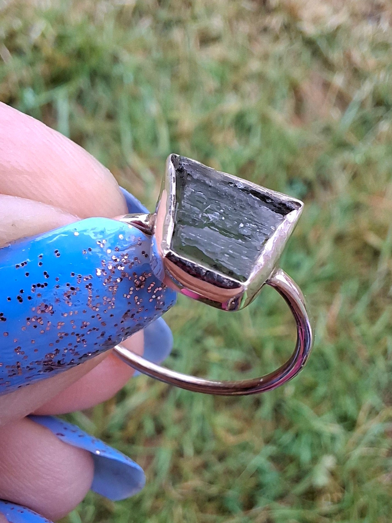 Moldavite Ring, size large P/small Q, 925 Silver, Tektite (Ref: R26)