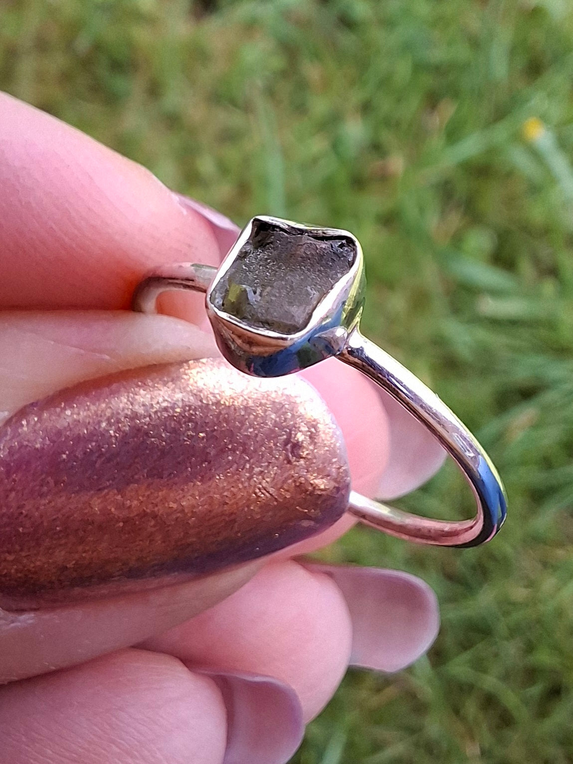 Moldavite Ring, size small Q, 925 Silver, Tektite (Ref: R44)