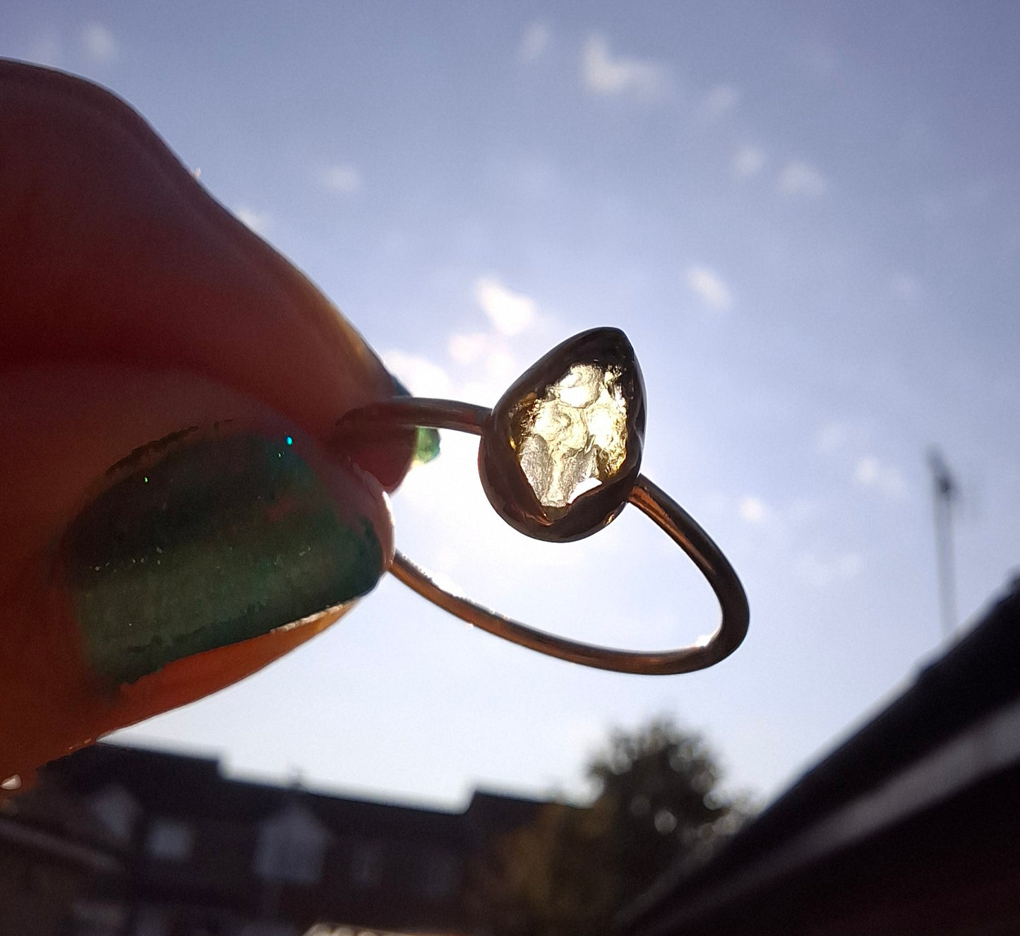 Moldavite Ring, 14K GOLD Plated, size large T, Tektite (Ref: R347)