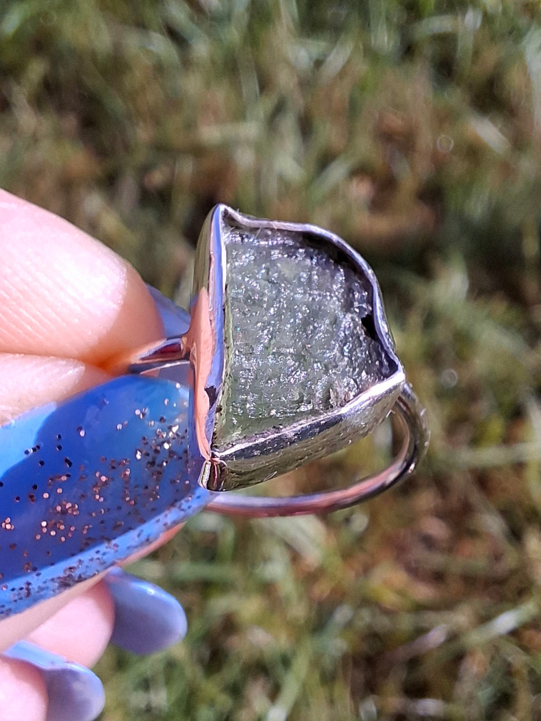Moldavite Ring, size large M, 925 Silver, Tektite (Ref: R24)