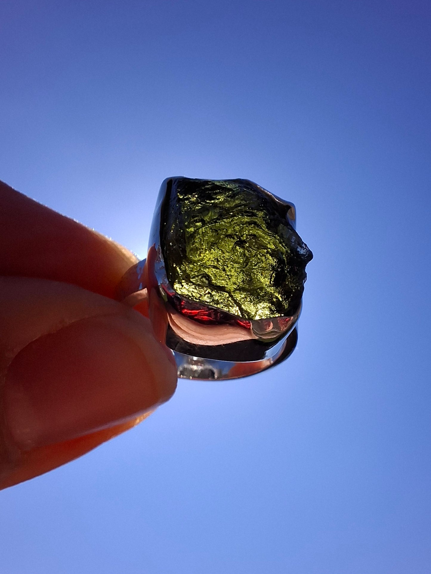 Moldavite Ring, size large G/small H, 925 Silver, Tektite (Ref: R293)