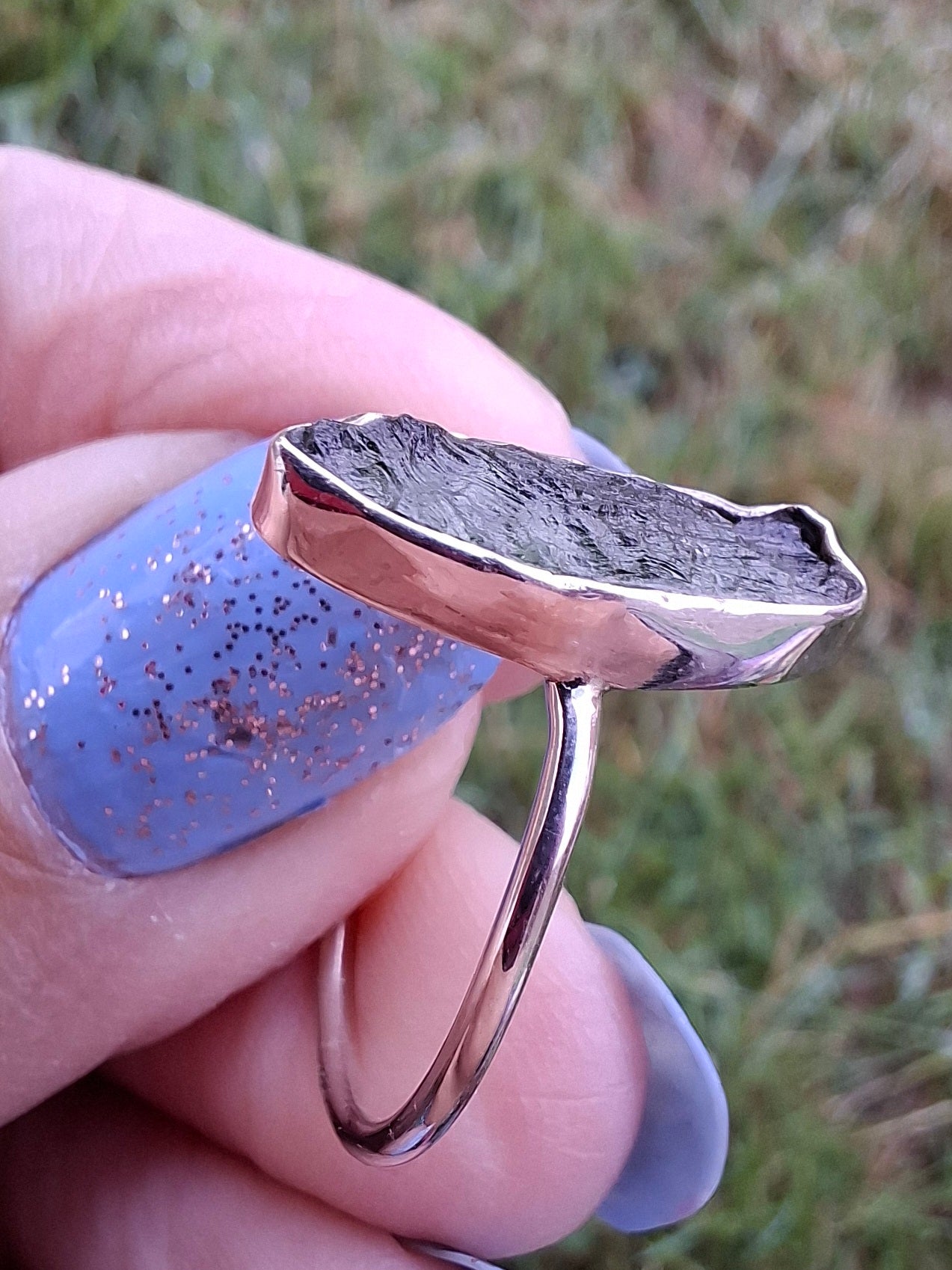 Moldavite Ring, size large R, 925 Silver, Tektite (Ref: R27)