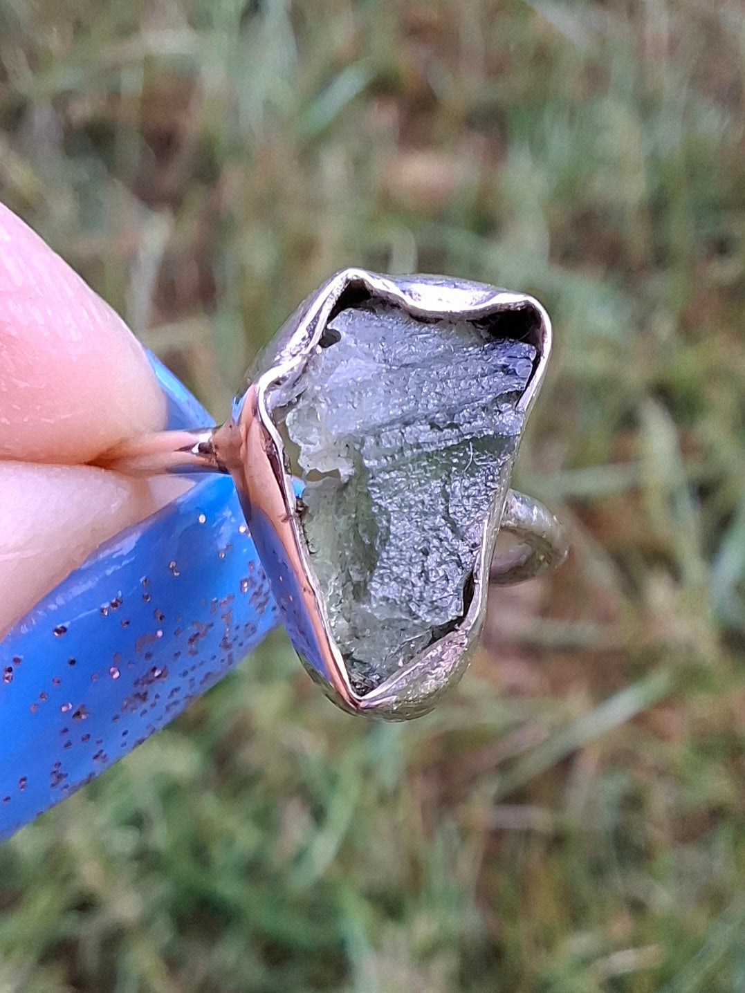 Moldavite Ring, size large G/small H, 925 Silver, Tektite (Ref: R19)