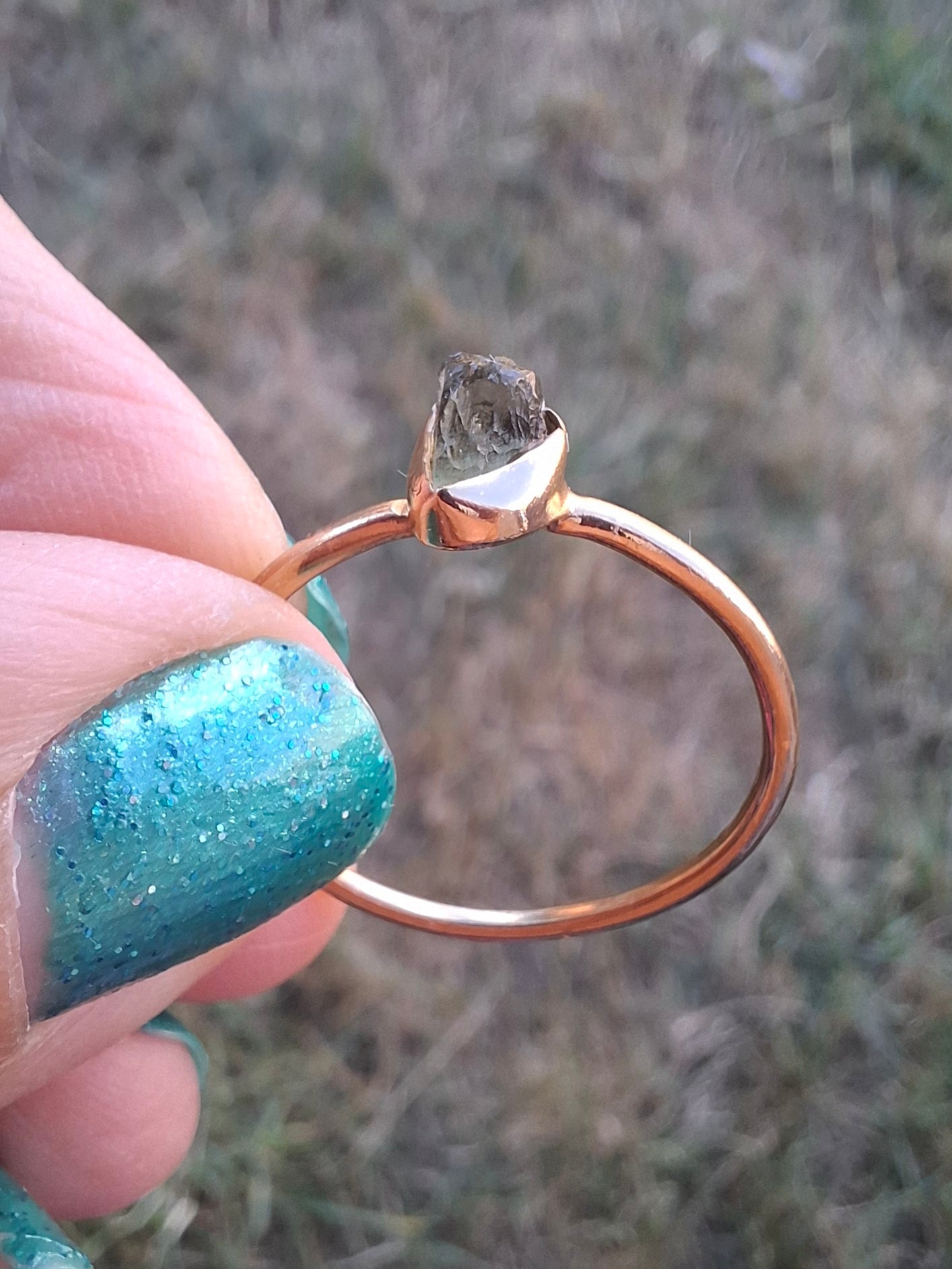 Moldavite Ring, 14K GOLD Plated, size large S / small T, Tektite (Ref: R352)