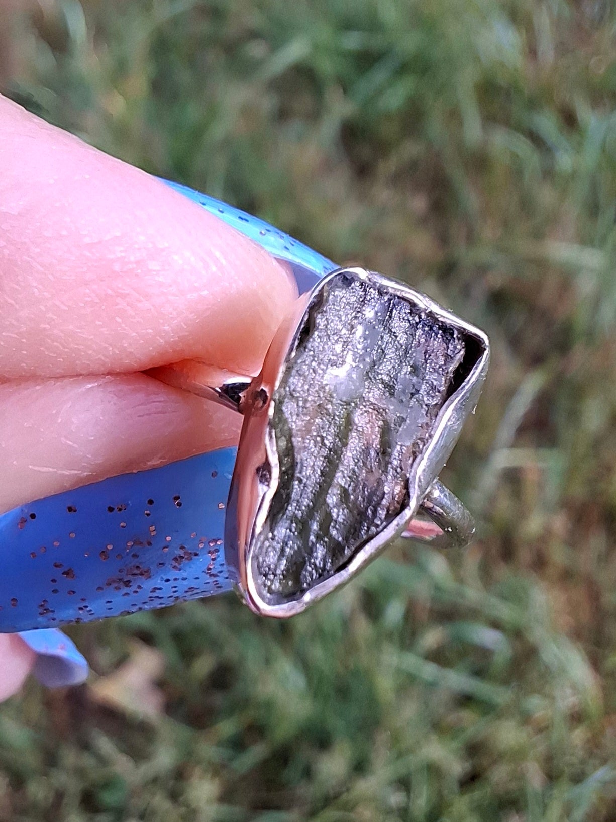 Moldavite Ring, size Large G, 925 Silver, Tektite (Ref: R18)