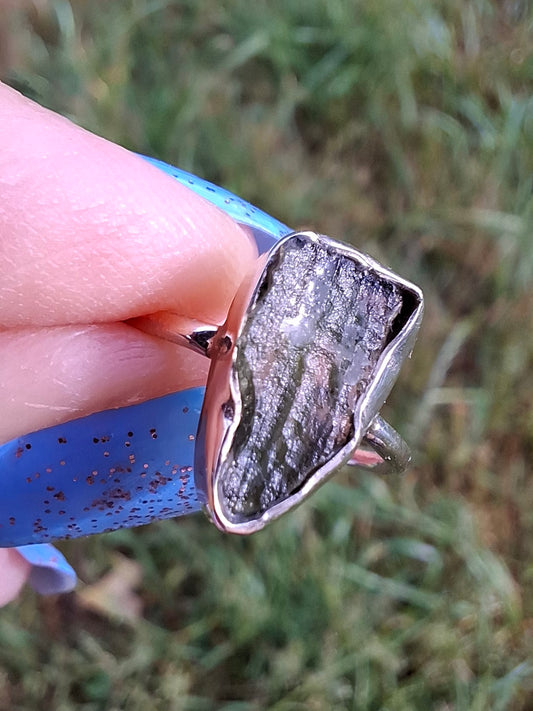 Moldavite Ring, size Large G, 925 Silver, Tektite (Ref: R18)