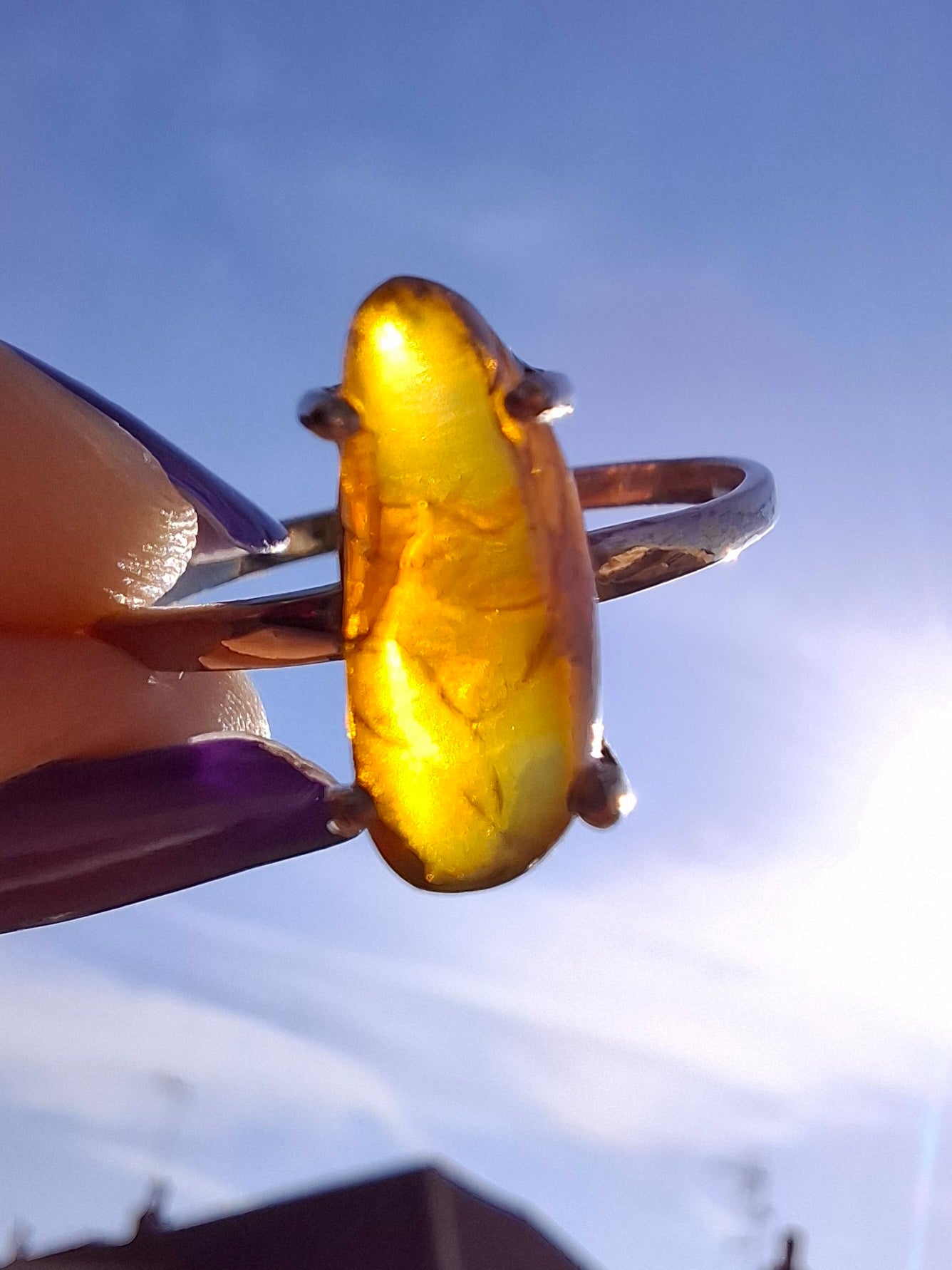 Baltic Amber Ring, size large V, 925 Silver, Fossil (Ref: AR25)
