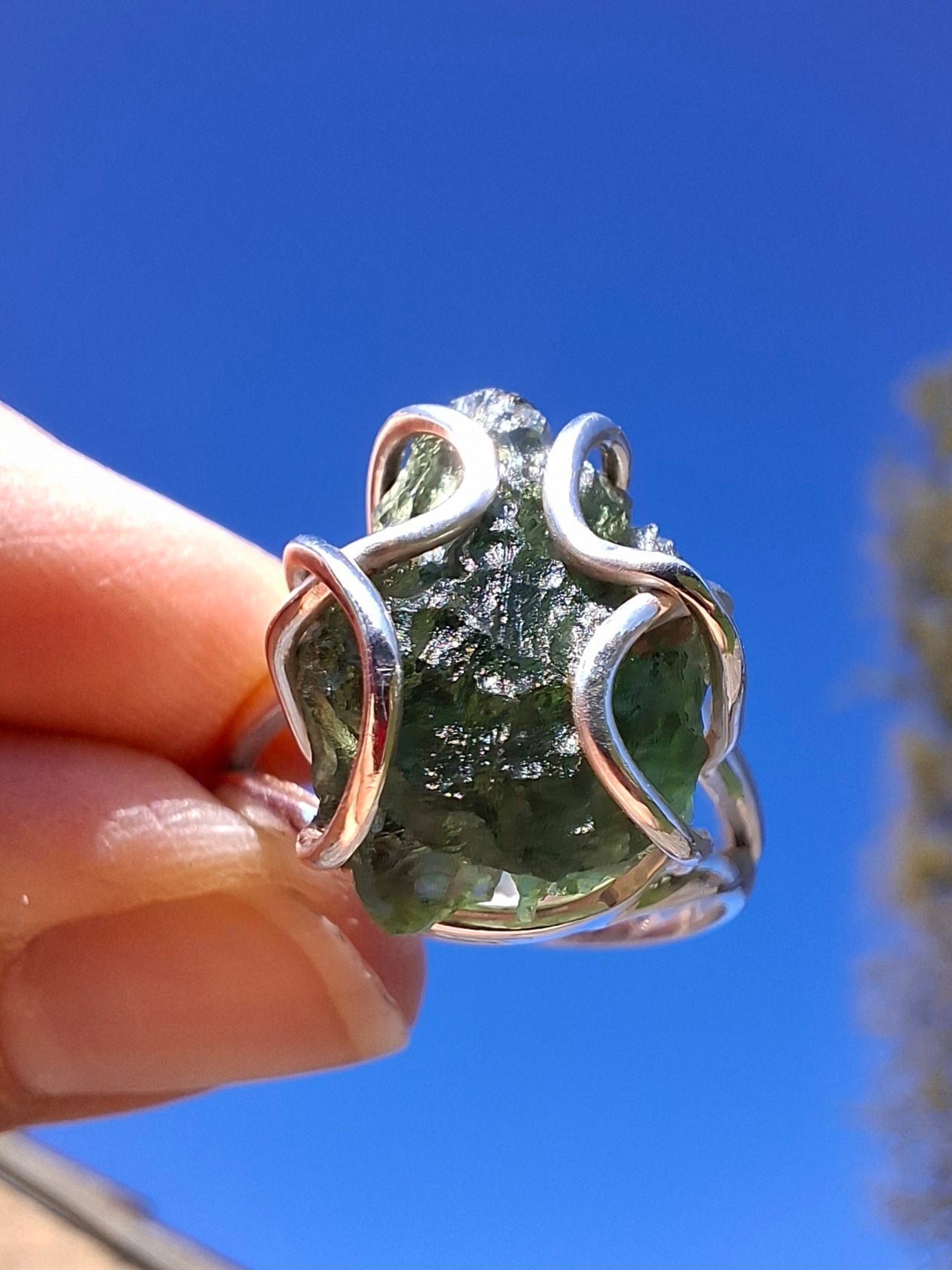 Moldavite Ring, size O, 925 Silver, Tektite (Ref: R7)