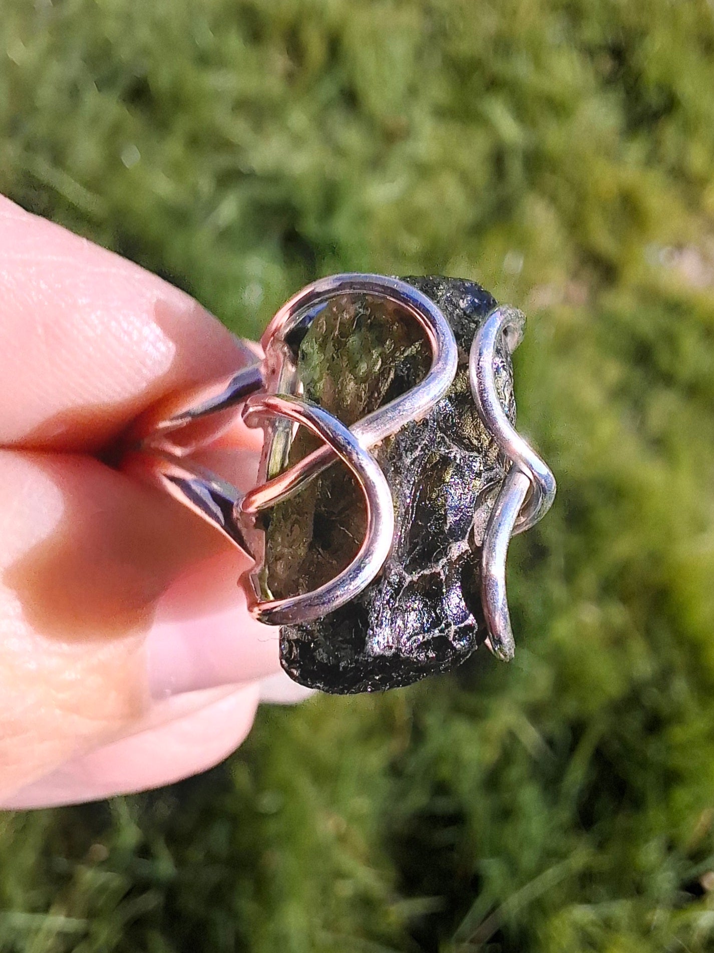 Moldavite Ring, size O, 925 Silver, Tektite (Ref: R9)