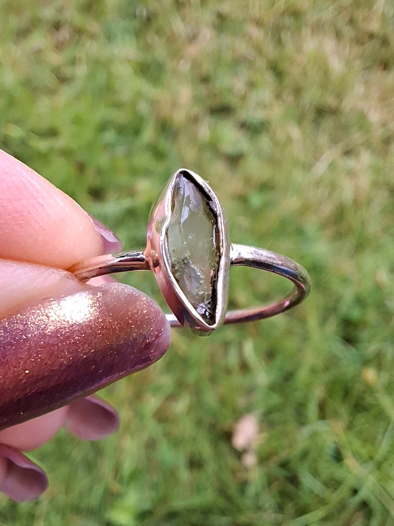 Moldavite Ring, size large M/small N, 925 Silver, Tektite (Ref: R39)