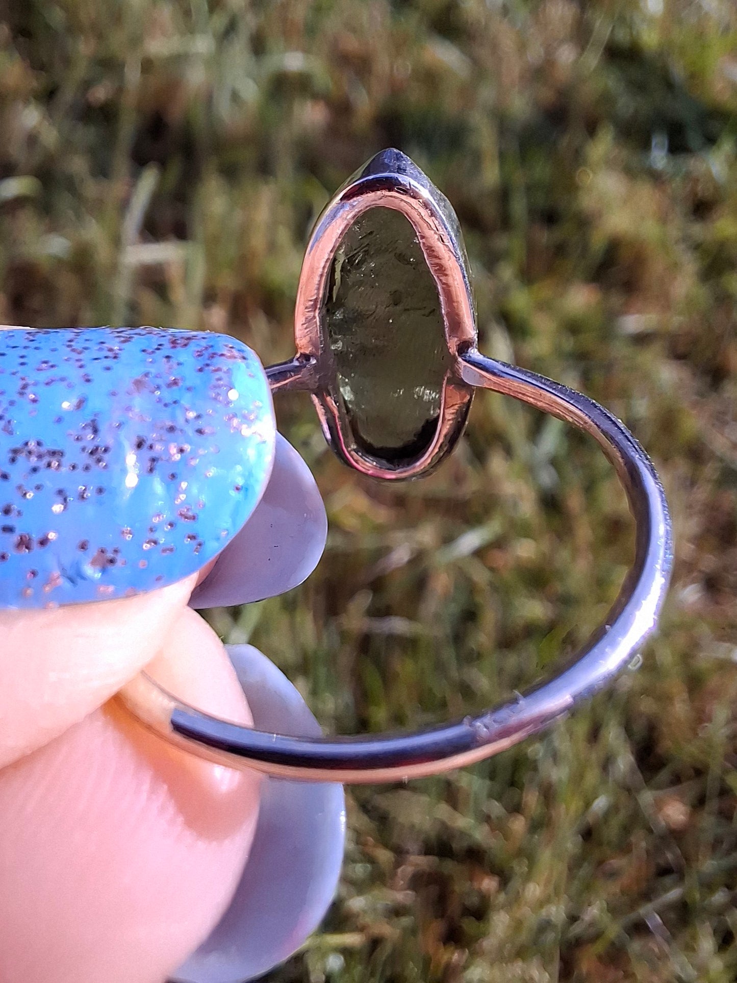 Moldavite Ring, size large R, 925 Silver, Tektite (Ref: R27)