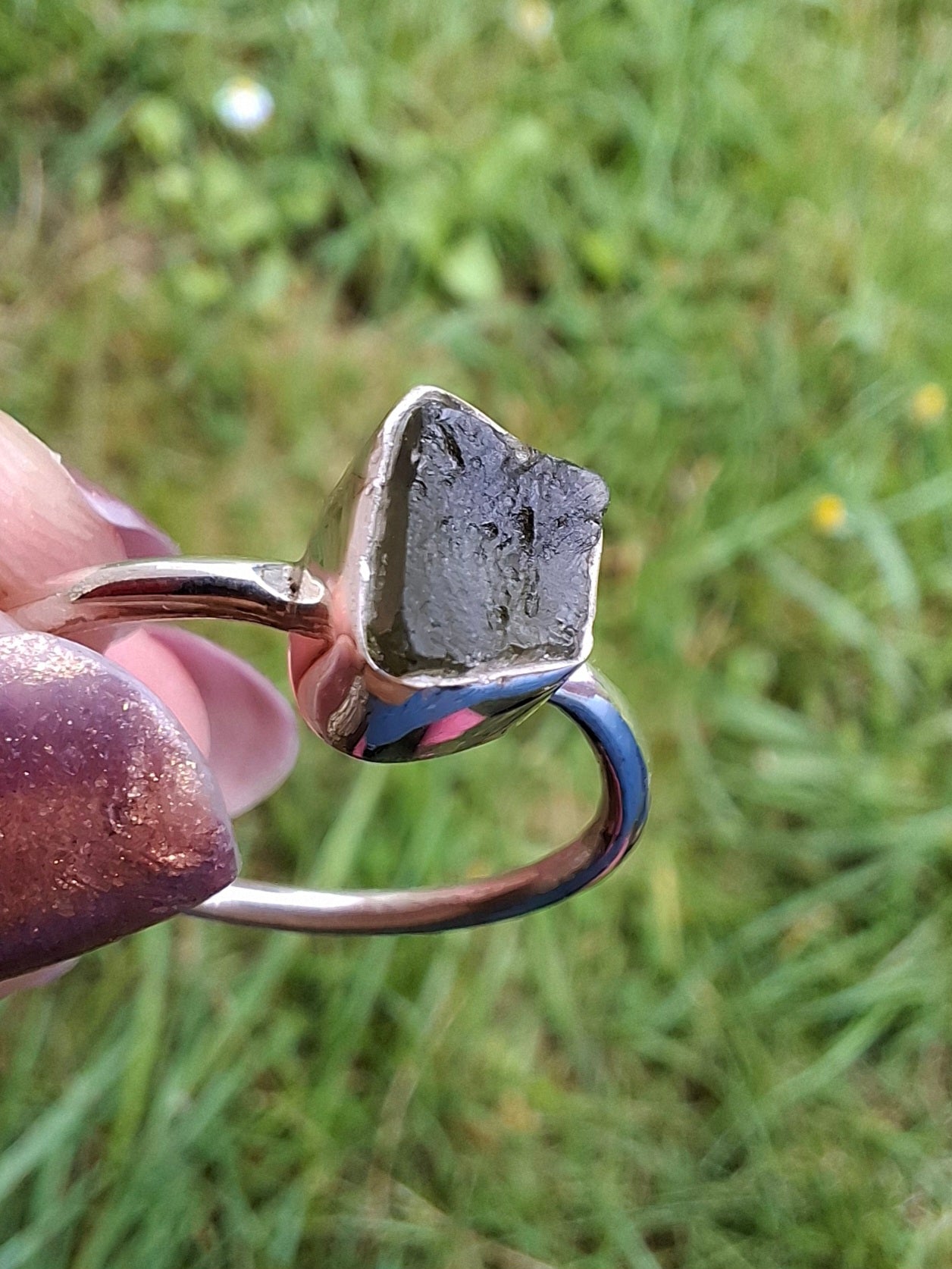 Moldavite Ring, size small W, 925 Silver, Tektite (Ref: R59)