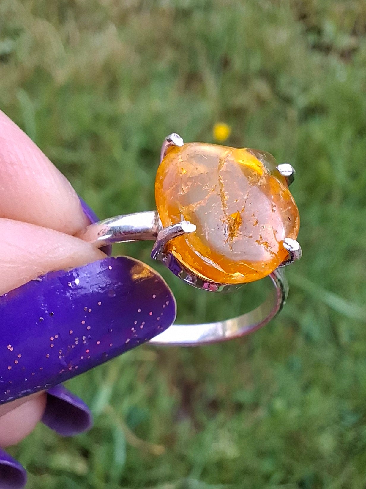 Baltic Amber Ring, size large Q, 925 Silver, Fossil (Ref: AR14)