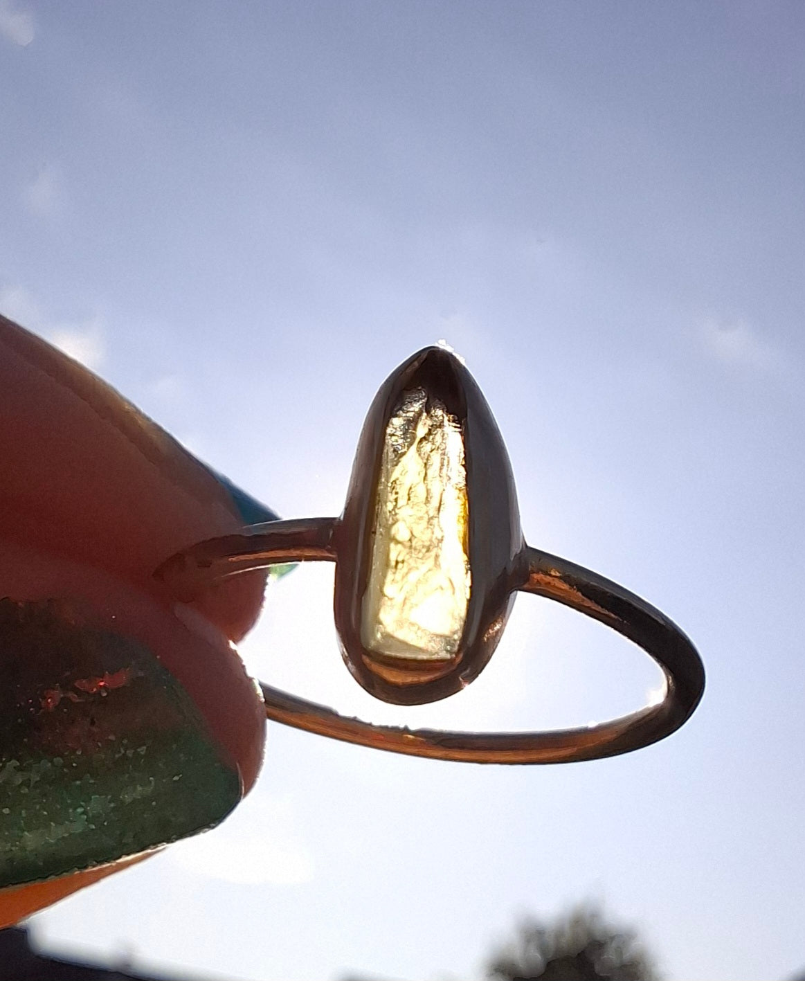 Moldavite Ring, 14K GOLD Plated, size large K / small L, Tektite (Ref: R335)