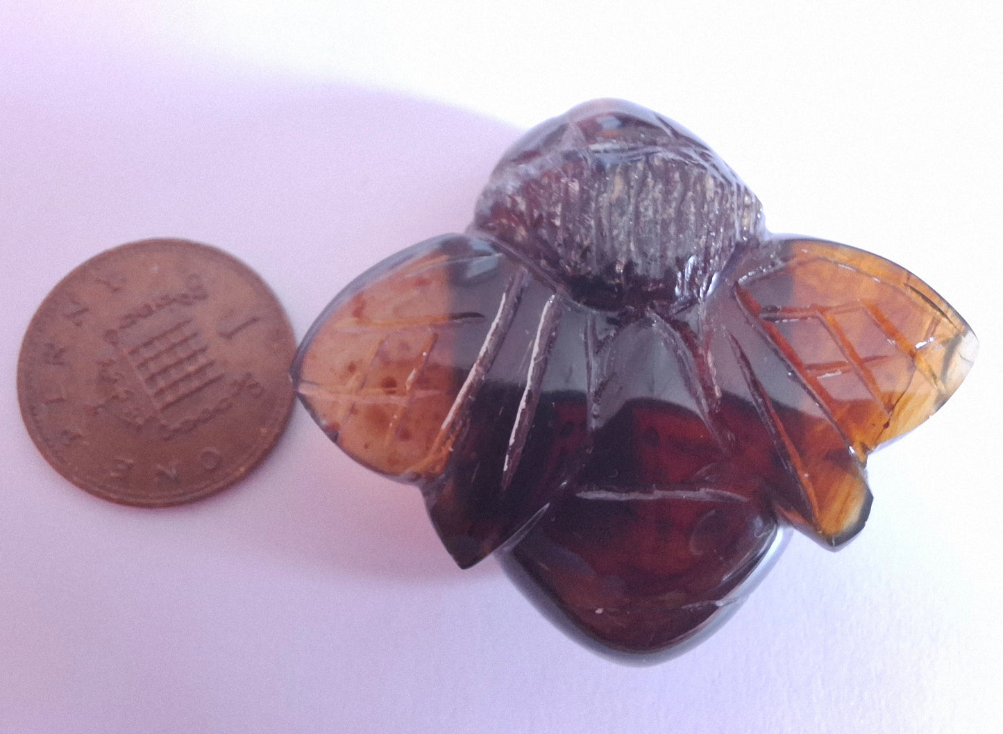 Red Amber Honey Bee Carving, 9.63g, Fossil (Ref: Bee28)