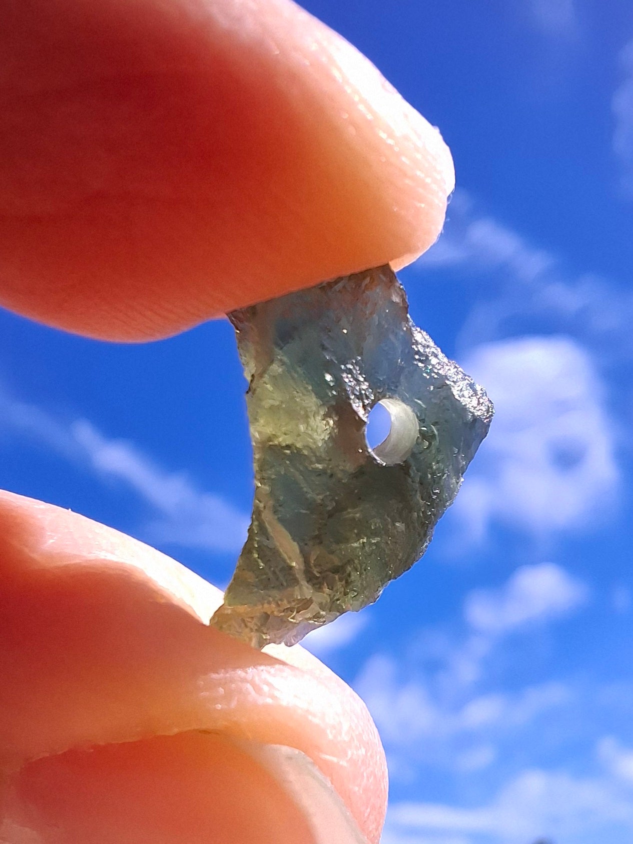 DRILLED, Moldavite Piece, 0.75g, Tektite (Ref: D23)