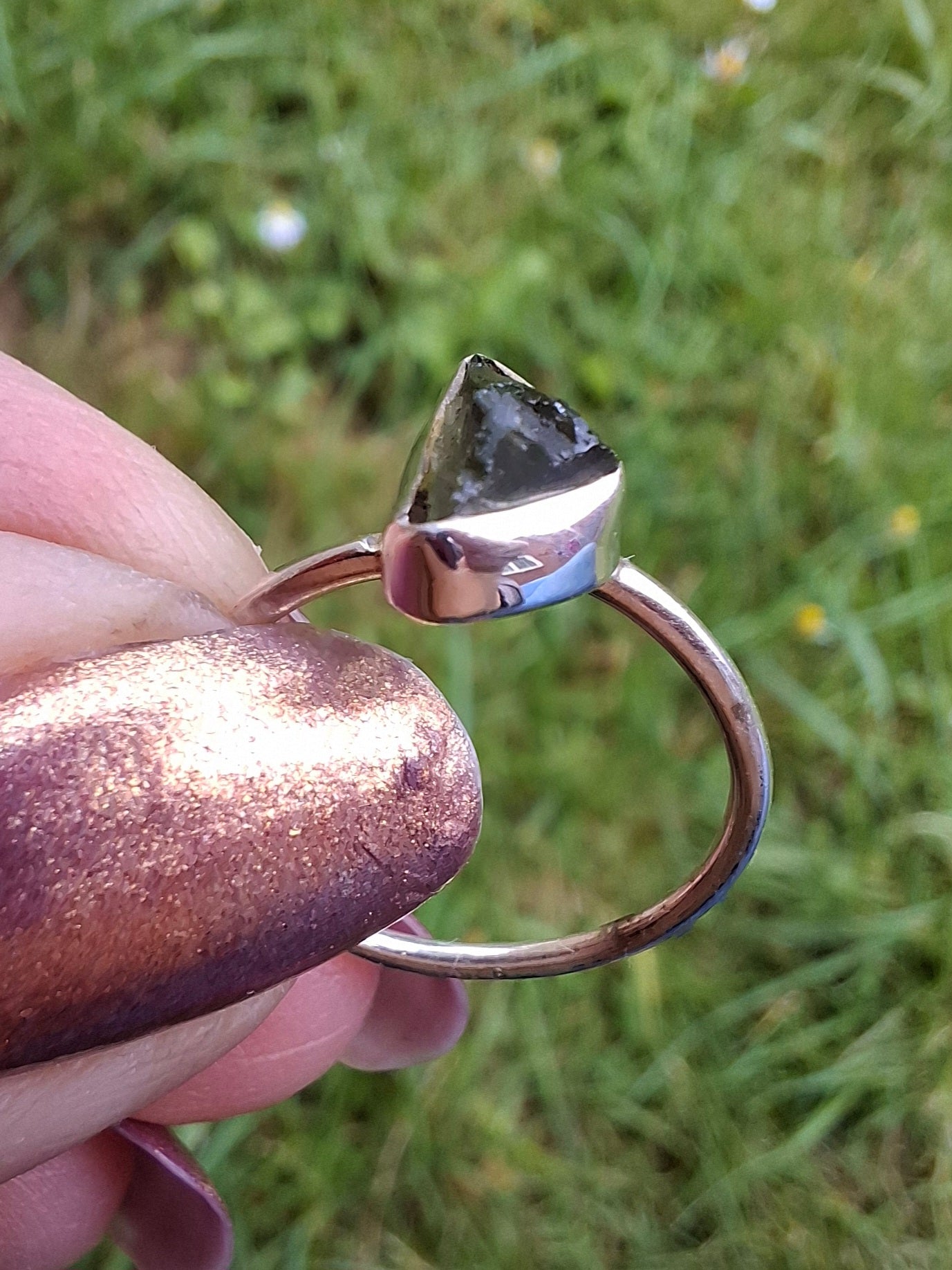 Moldavite Ring, size large K/small L, 925 Silver, Tektite (Ref: R57)